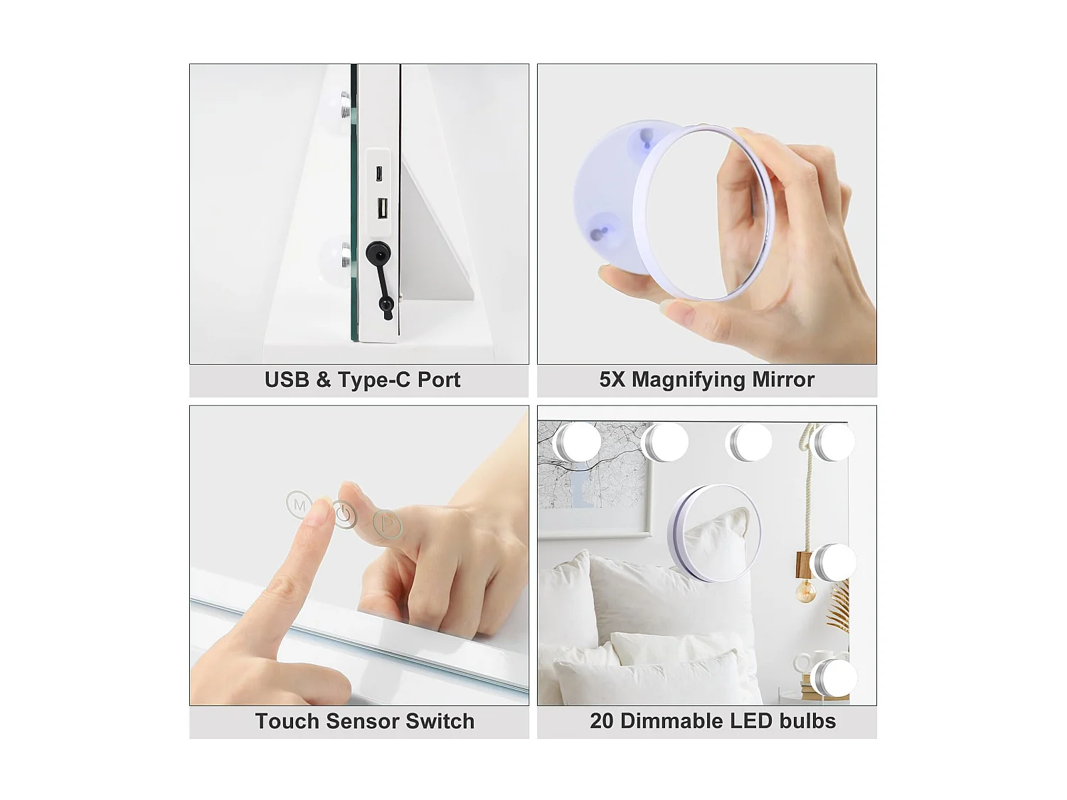 Miroir Maquillage Hollywood 20 LED 90x60cm, 3 Modes, Luminosité Réglable, Contrôle Tactile, Port USB, Table ou Mur, Blanc