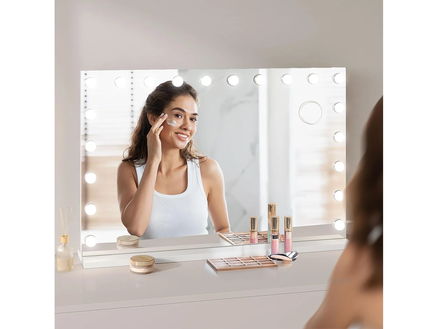 Miroir Maquillage Hollywood 20 LED 90x60cm, 3 Modes, Luminosité Réglable, Contrôle Tactile, Port USB, Table ou Mur, Blanc