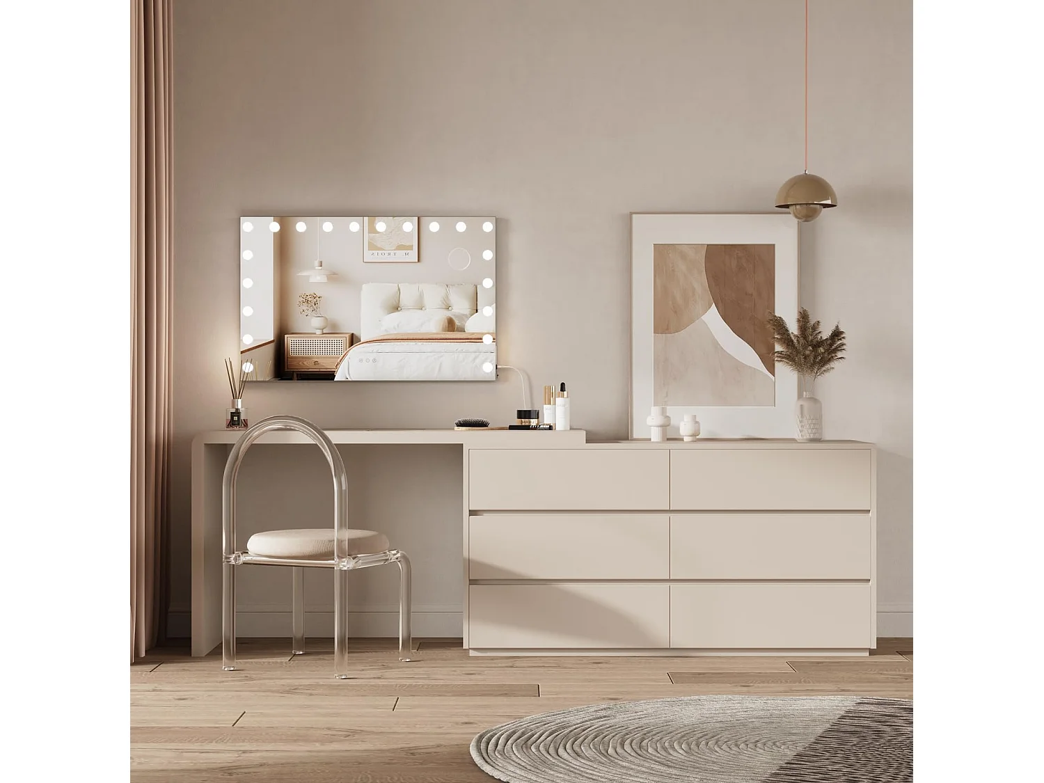 Miroir Maquillage Hollywood 20 LED 90x60cm, 3 Modes, Luminosité Réglable, Contrôle Tactile, Port USB, Table ou Mur, Blanc