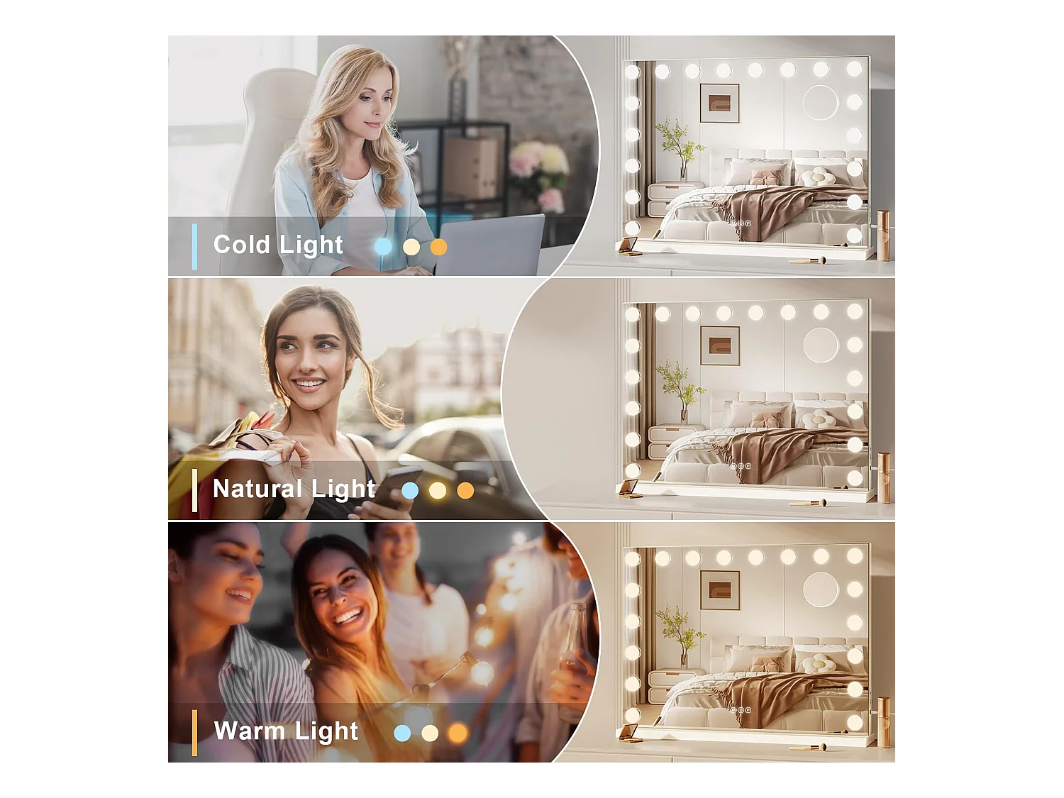 Miroir Maquillage Hollywood 18 LED 80x60cm, Luminosité Réglable, Contrôle Tactile, Table ou Mur, Port Type C & USB, Blanc