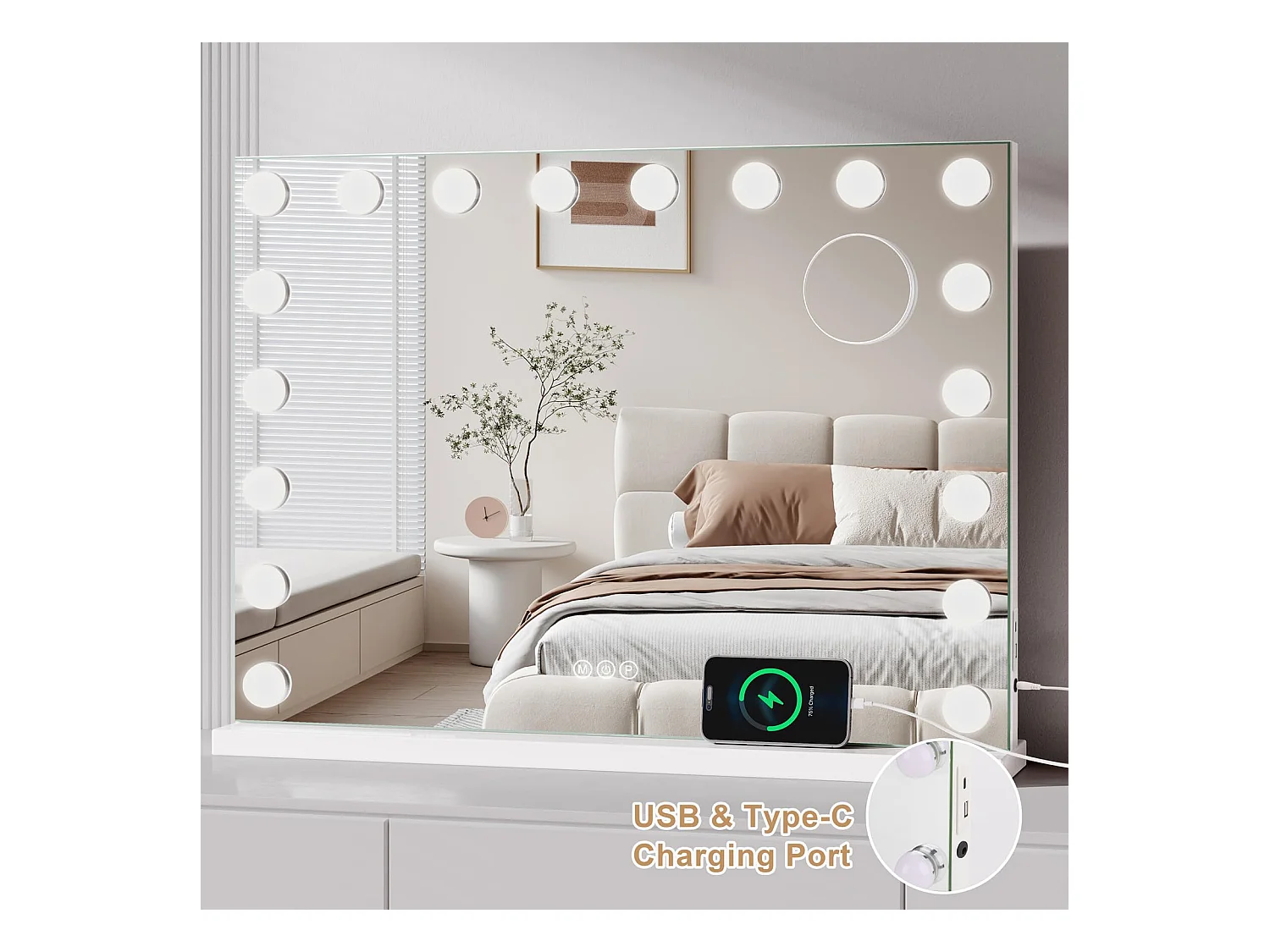 Miroir Maquillage Hollywood 18 LED 80x60cm, Luminosité Réglable, Contrôle Tactile, Table ou Mur, Port Type C & USB, Blanc