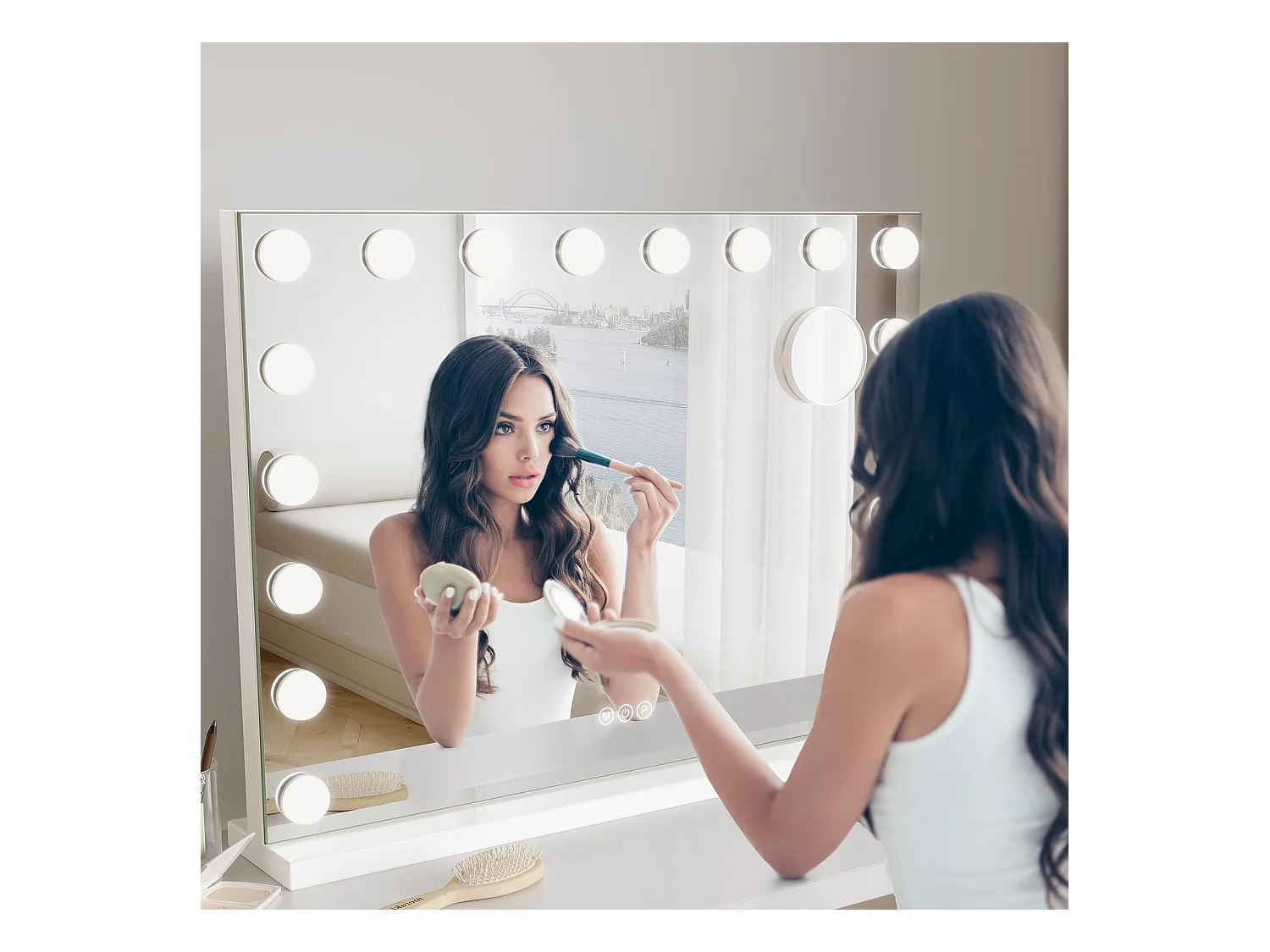 Miroir Maquillage Hollywood 18 LED 80x60cm, Luminosité Réglable, Contrôle Tactile, Table ou Mur, Port Type C & USB, Blanc