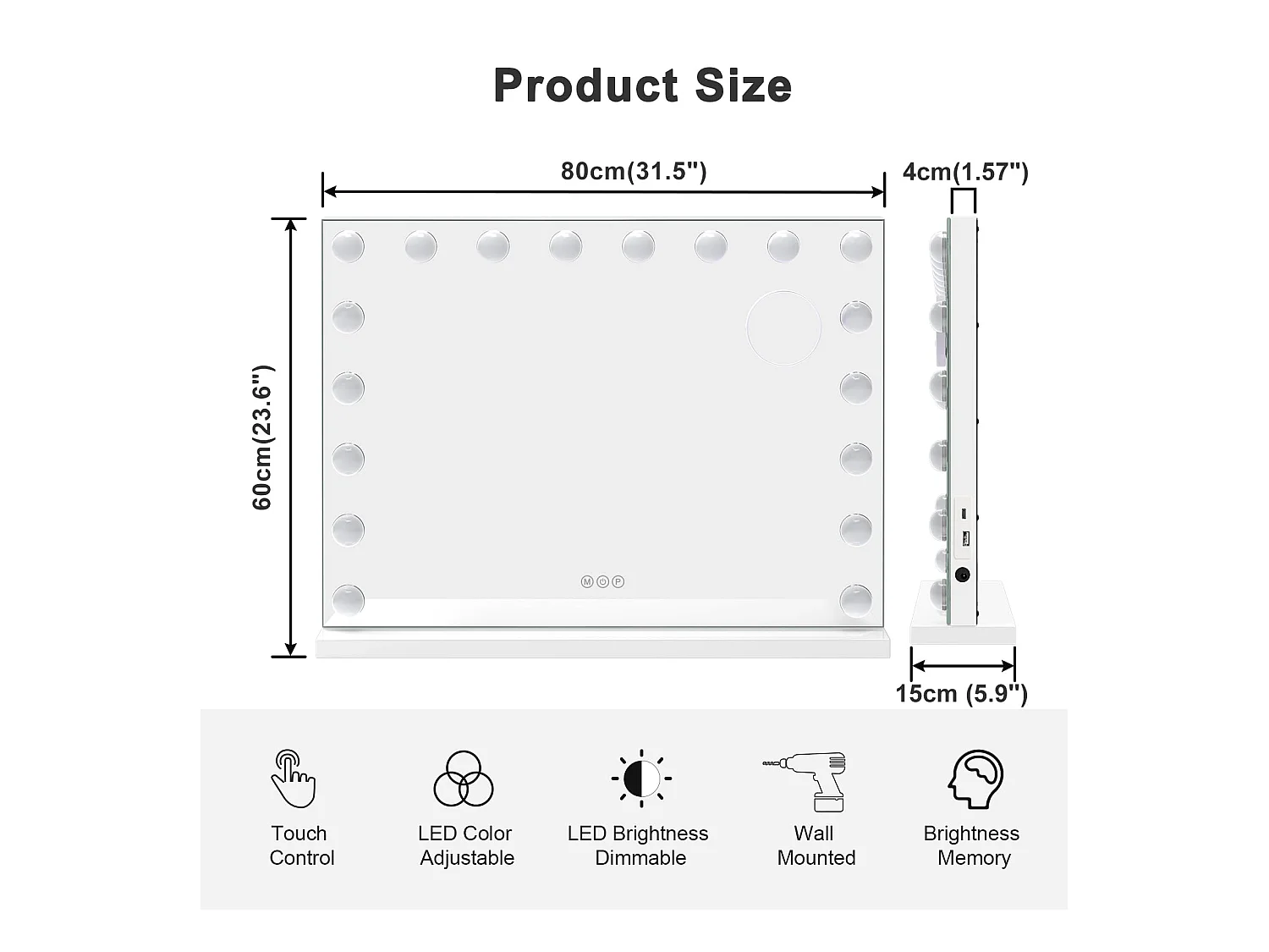 Miroir Maquillage Hollywood 18 LED 80x60cm, Luminosité Réglable, Contrôle Tactile, Table ou Mur, Port Type C & USB, Blanc