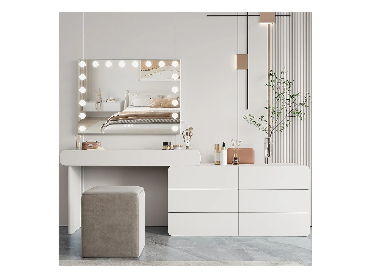 Miroir Maquillage Hollywood 18 LED 80x60cm, Luminosité Réglable, Contrôle Tactile, Table ou Mur, Port Type C & USB, Blanc