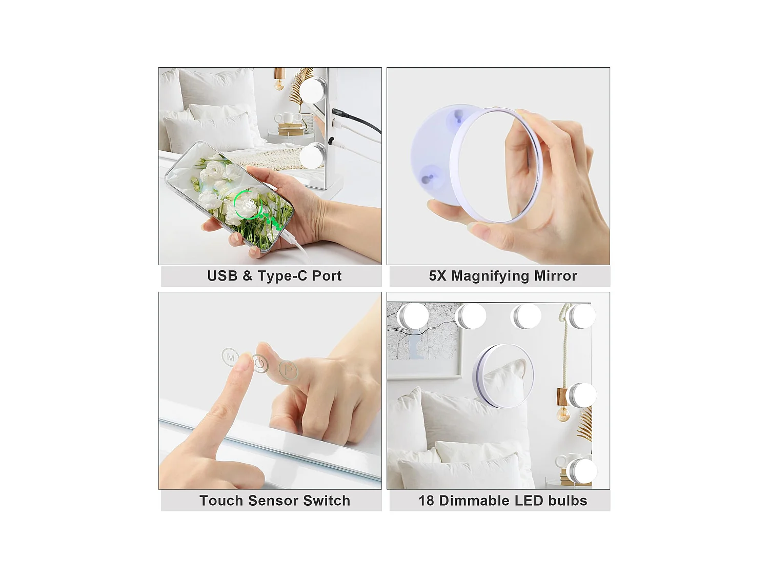 Miroir Maquillage Hollywood 18 LED 80x60cm, Luminosité Réglable, Contrôle Tactile, Table ou Mur, Port Type C & USB, Blanc