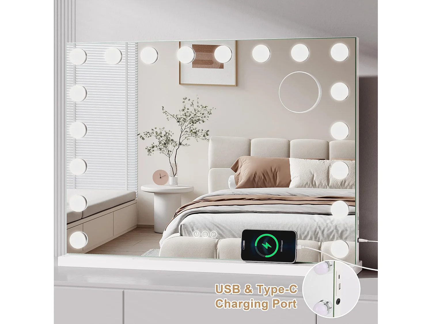 Miroir Maquillage Hollywood 18 LED 80x60cm, Luminosité Réglable, Contrôle Tactile, Table ou Mur, Port Type C & USB, Blanc