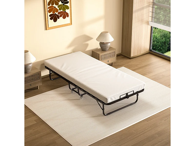 Lit Pliant 90x190 CM avec Matelas de 10cm, Lit Pliable 1 Personne Adulte, 4 roulettes, 2 Min Assembler