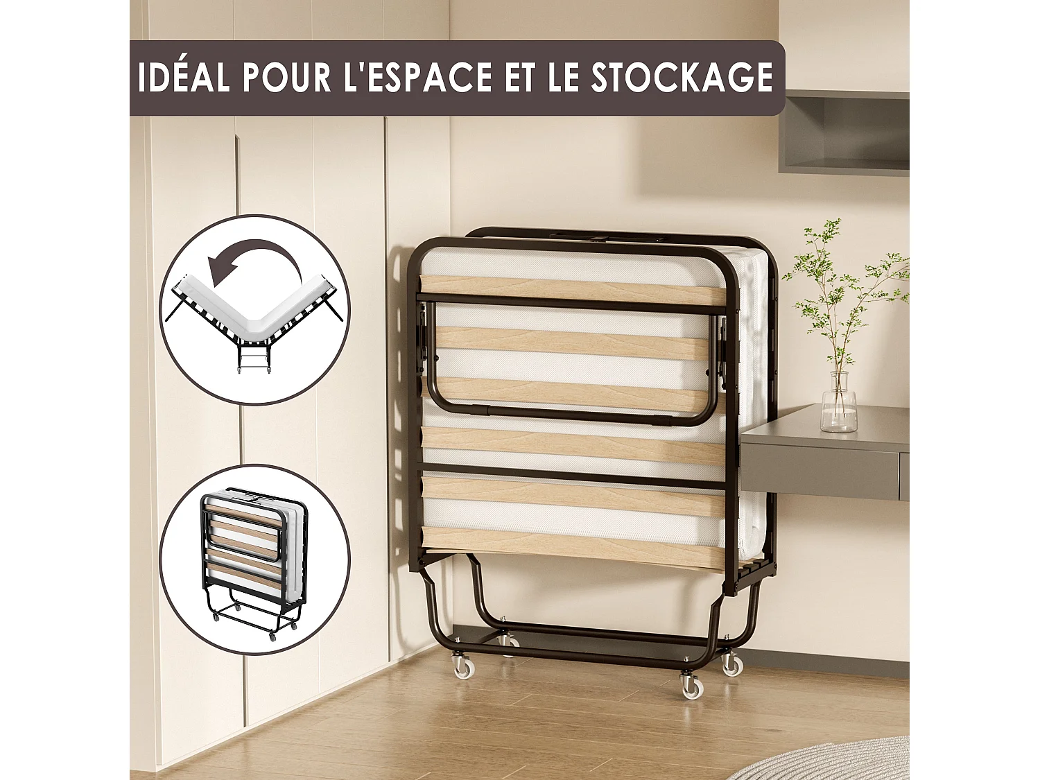 Lit Pliant 90x190 CM avec Matelas de 10cm, Lit Pliable 1 Personne Adulte, 4 roulettes, 2 Min Assembler