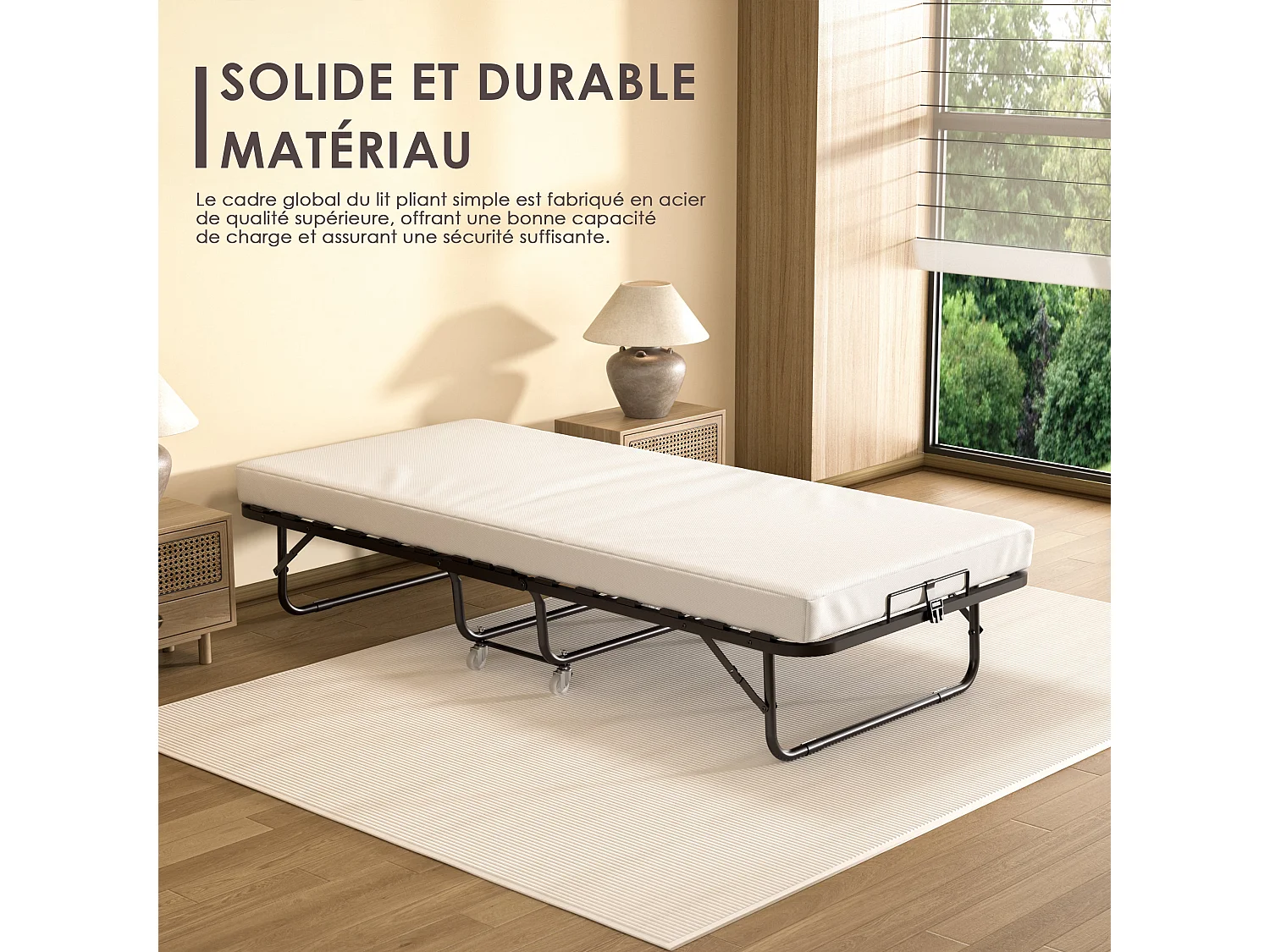 Lit Pliant 90x190 CM avec Matelas de 10cm, Lit Pliable 1 Personne Adulte, 4 roulettes, 2 Min Assembler