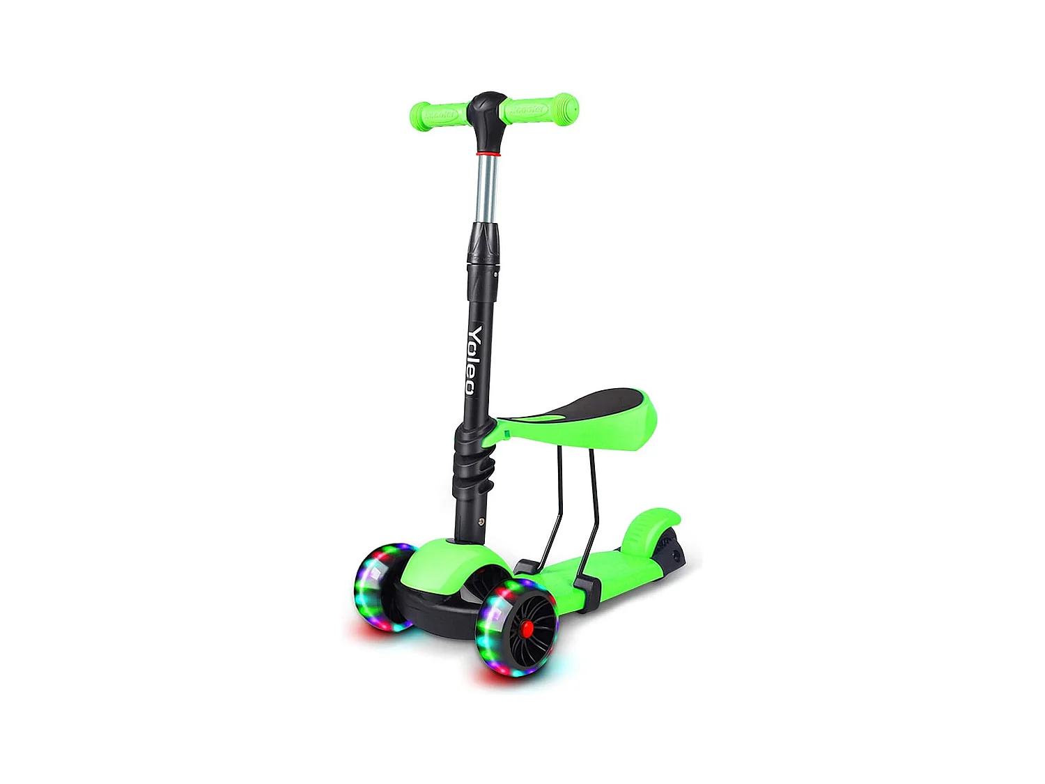 Trottinette 3-en-1 pour Enfant avec Siège Amovible, Grandes Roues LED, Réglable en Hauteur à partir de 2 Ans, vert