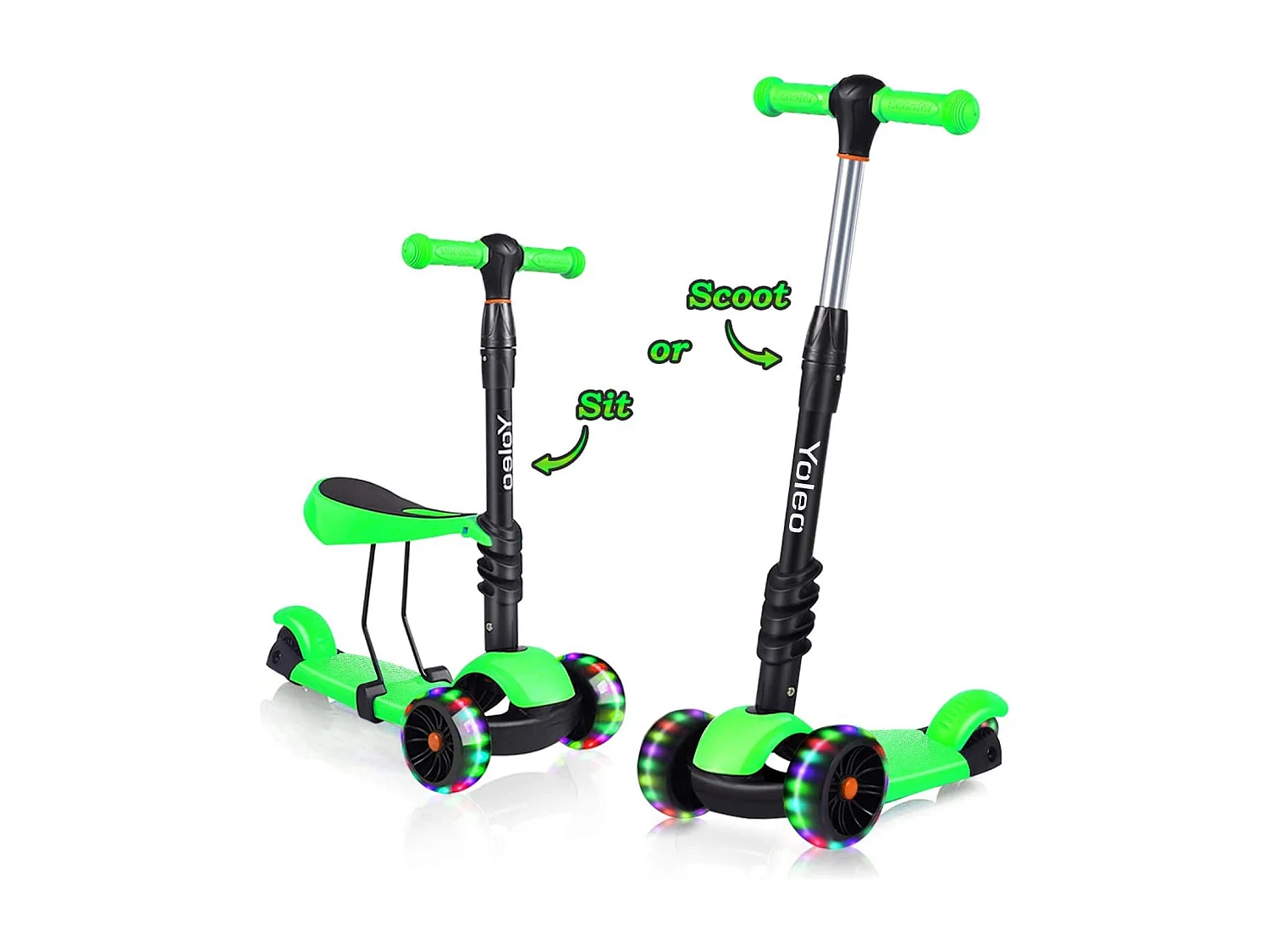 Trottinette 3-en-1 pour Enfant avec Siège Amovible, Grandes Roues LED, Réglable en Hauteur à partir de 2 Ans, vert