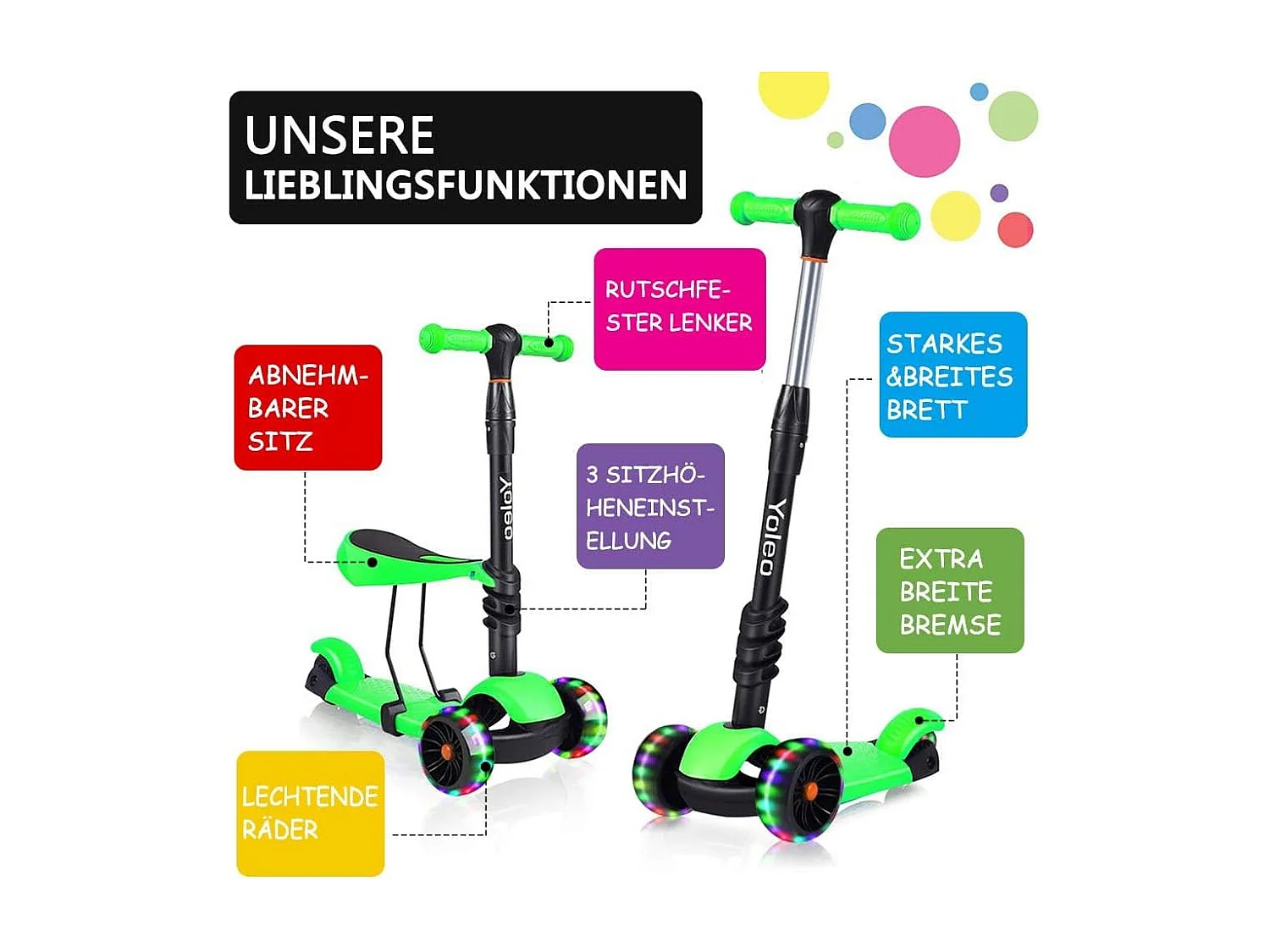 Trottinette 3-en-1 pour Enfant avec Siège Amovible, Grandes Roues LED, Réglable en Hauteur à partir de 2 Ans, vert