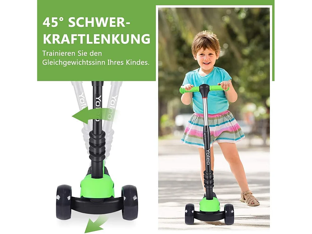 Trottinette 3-en-1 pour Enfant avec Siège Amovible, Grandes Roues LED, Réglable en Hauteur à partir de 2 Ans, vert