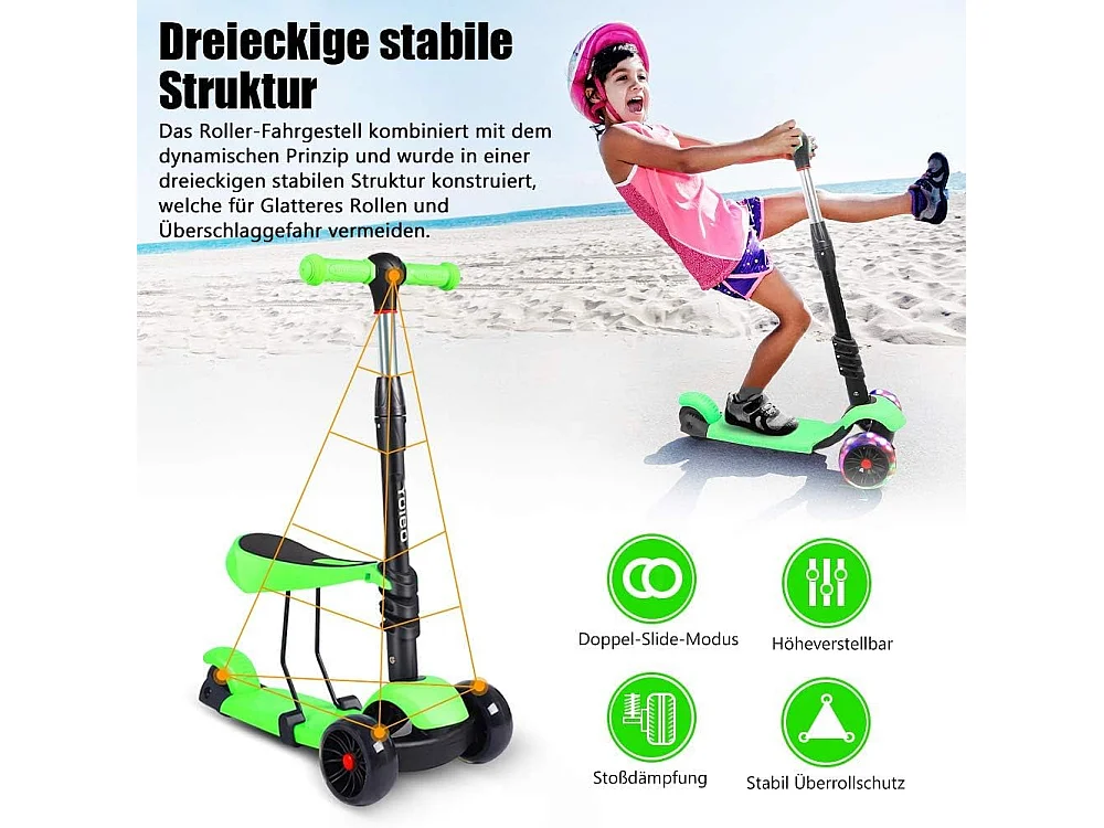 Trottinette 3-en-1 pour Enfant avec Siège Amovible, Grandes Roues LED, Réglable en Hauteur à partir de 2 Ans, vert