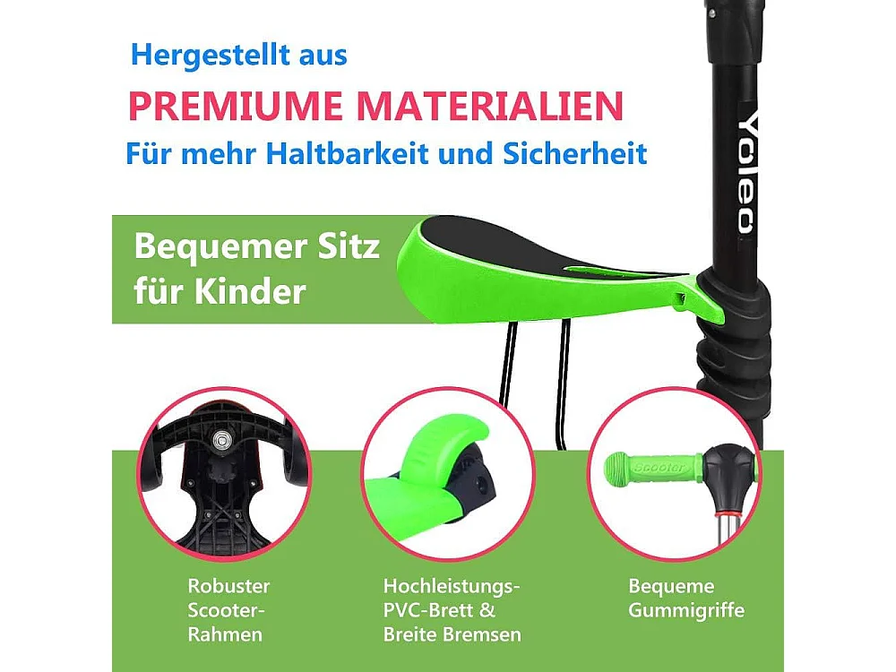 Trottinette 3-en-1 pour Enfant avec Siège Amovible, Grandes Roues LED, Réglable en Hauteur à partir de 2 Ans, vert