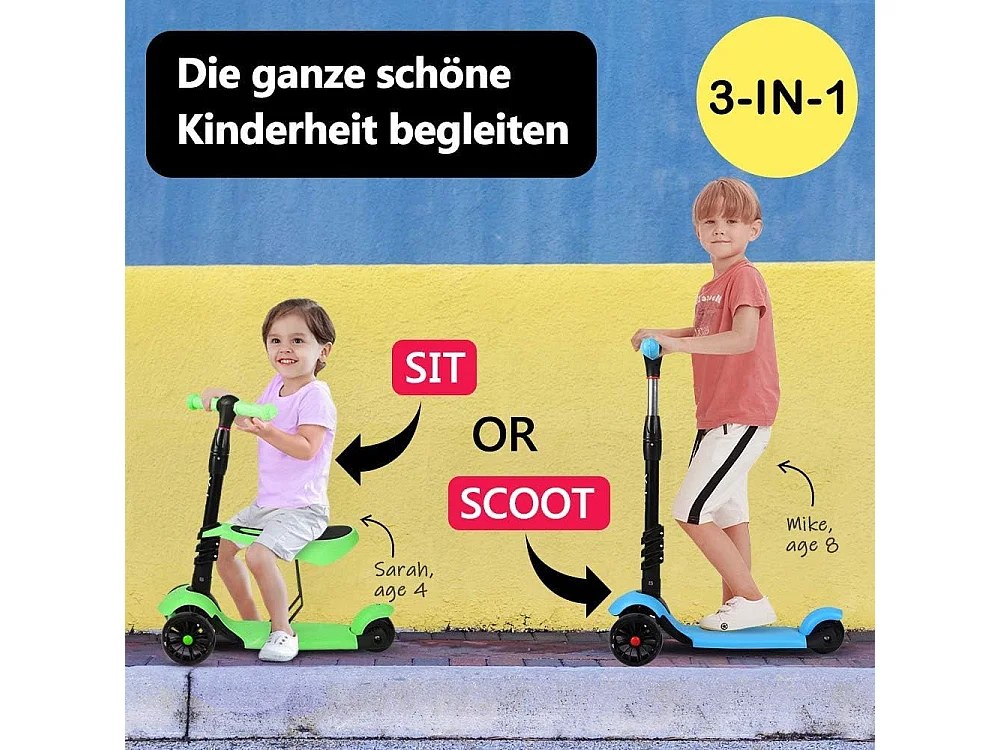 3-in-1 Kinderstep met Verwijderbare Zitstoel, LED Grote Wielen, Hoogte Verstelbaar vanaf 2 Jaar, groen