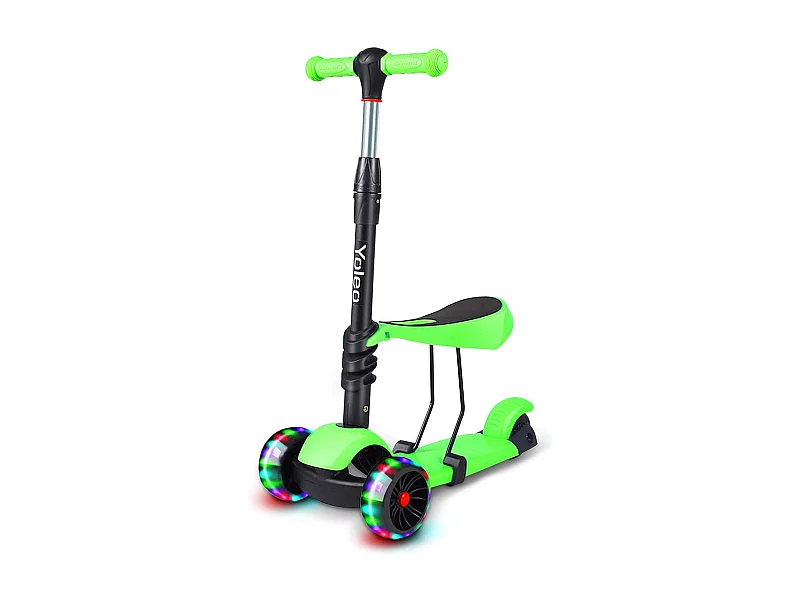 Trottinette 3-en-1 pour Enfant avec Siège Amovible, Grandes Roues LED, Réglable en Hauteur à partir de 2 Ans, vert