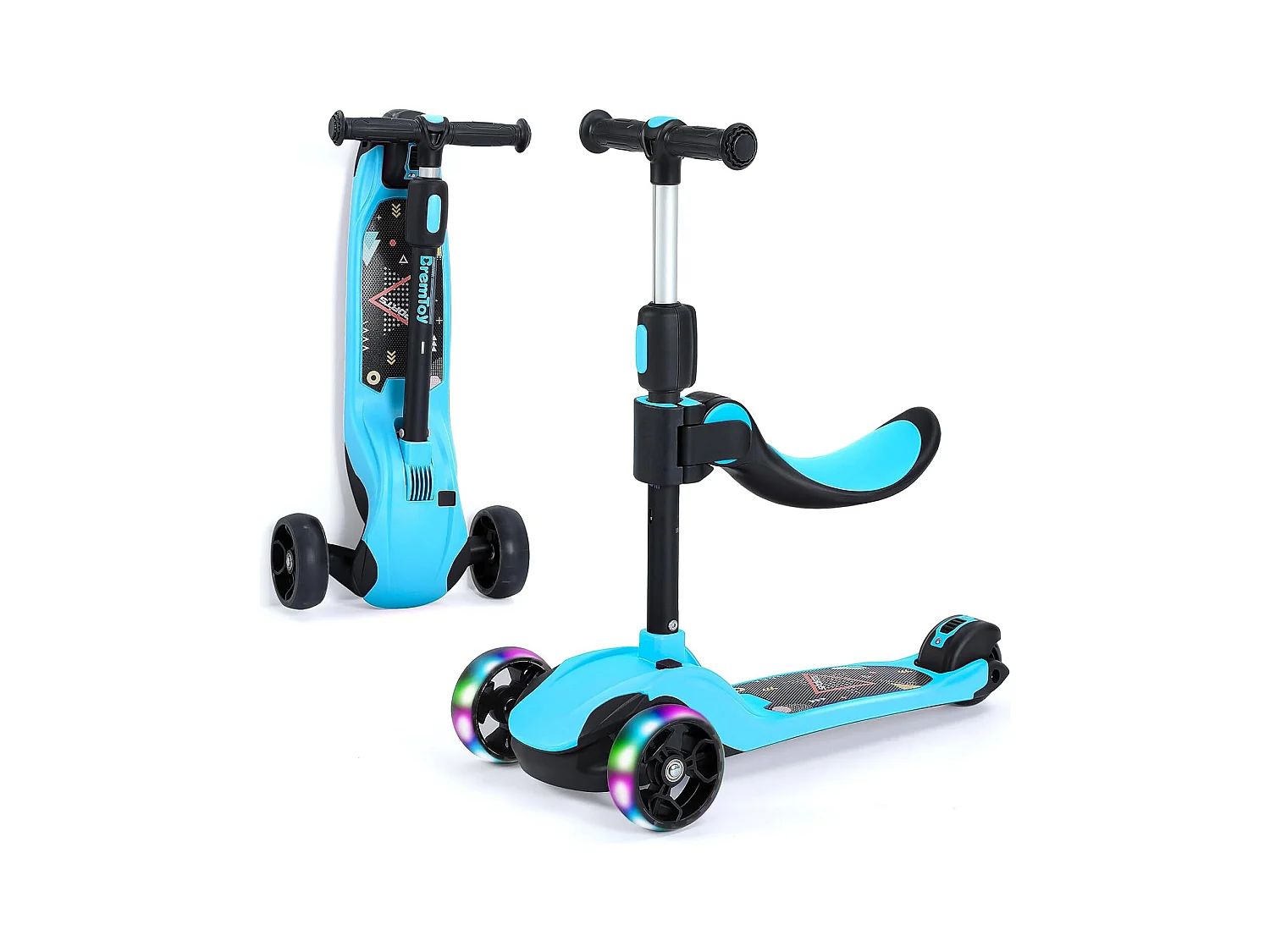 Trottinette Enfant BremToy avec Siège Amovible et Roues PU LED, Trottinette Enfant Pliable pour Enfants de 2 à 12 Ans
