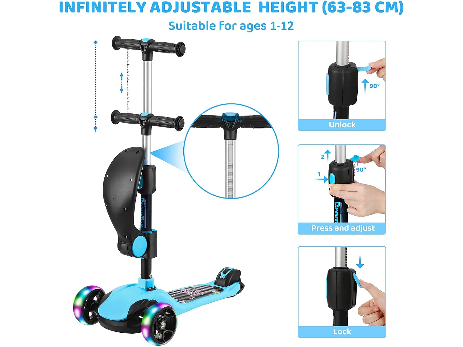 Trottinette Enfant BremToy avec Siège Amovible et Roues PU LED, Trottinette Enfant Pliable pour Enfants de 2 à 12 Ans