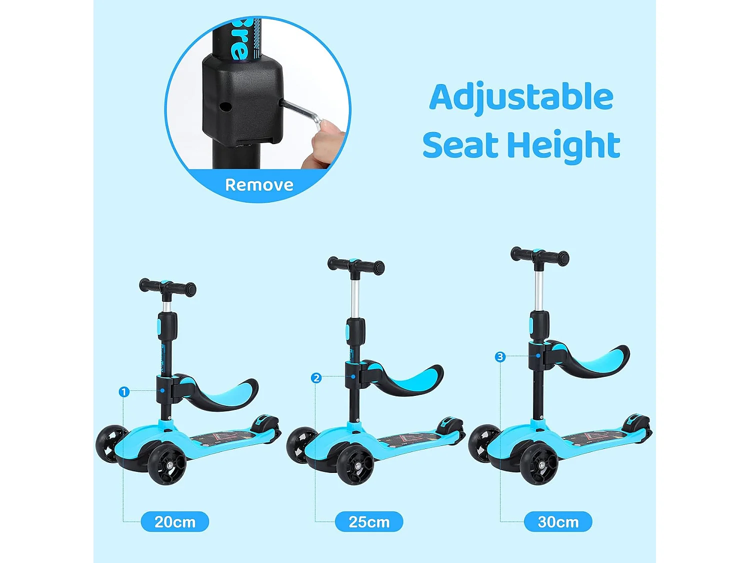 Trottinette Enfant BremToy avec Siège Amovible et Roues PU LED, Trottinette Enfant Pliable pour Enfants de 2 à 12 Ans