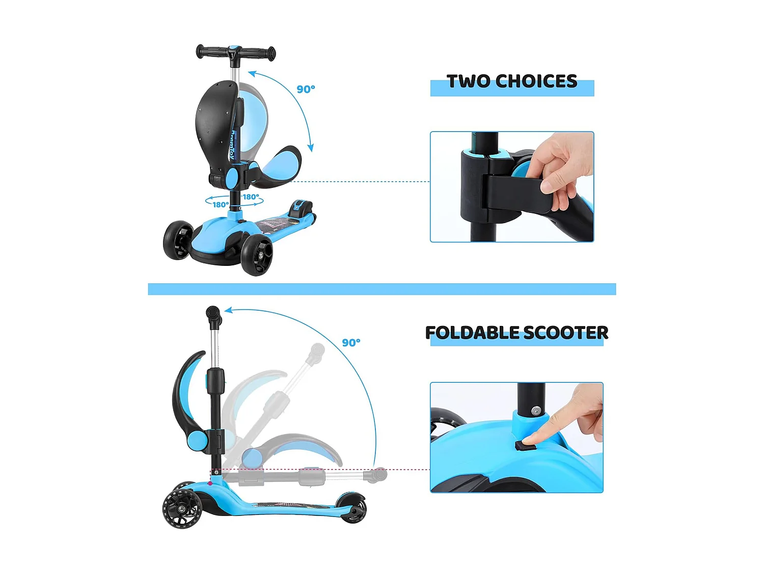 Trottinette Enfant BremToy avec Siège Amovible et Roues PU LED, Trottinette Enfant Pliable pour Enfants de 2 à 12 Ans