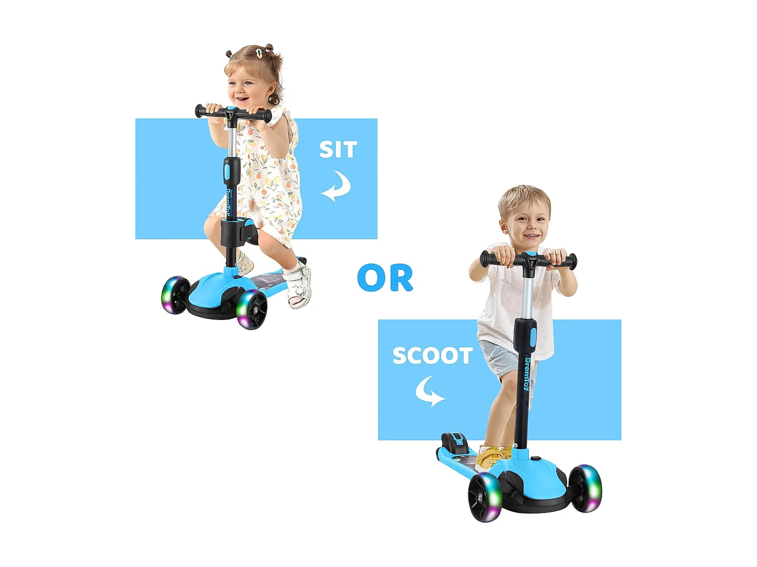 Trottinette Enfant BremToy avec Siège Amovible et Roues PU LED, Trottinette Enfant Pliable pour Enfants de 2 à 12 Ans