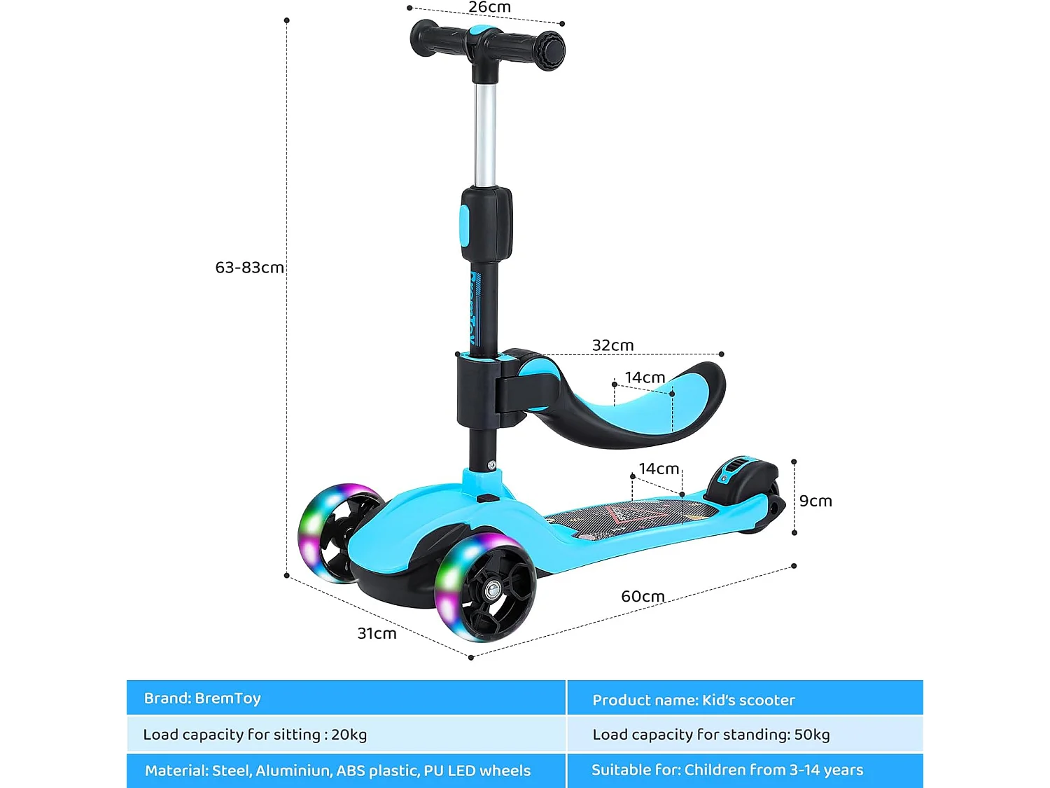 BremToy Kinderstep met Afneembare Zitstoel en PU LED-wielen, Opvouwbare Kinderstep voor Kinderen van 2 tot 12 Jaar