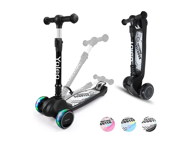 Trottinette Enfant YOLEO avec Roues LED, 4 Positions Réglables en Hauteur, Guidon Pliable, à partir de 3 Ans
