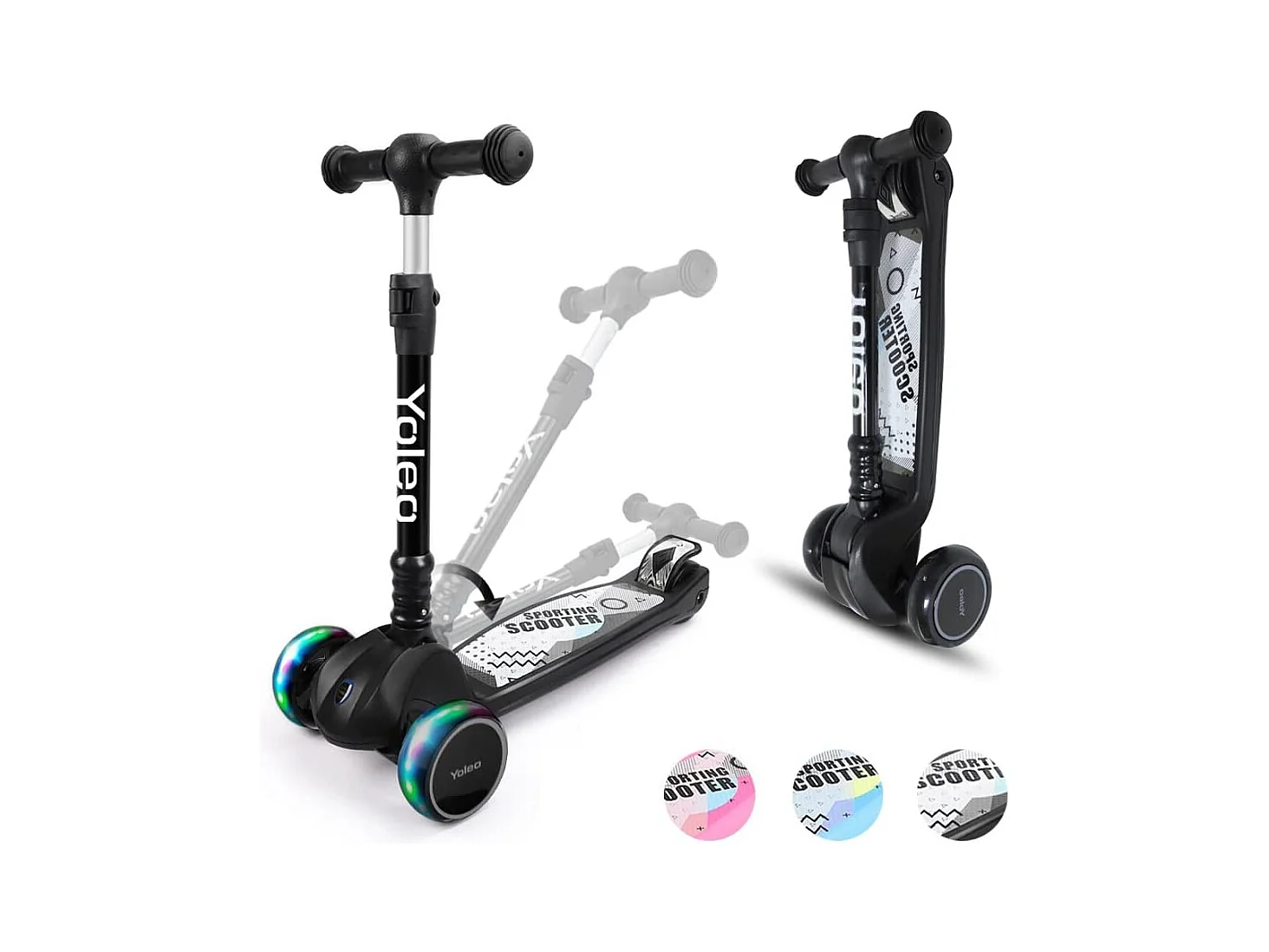 Trottinette Enfant YOLEO avec Roues LED, 4 Positions Réglables en Hauteur, Guidon Pliable, à partir de 3 Ans