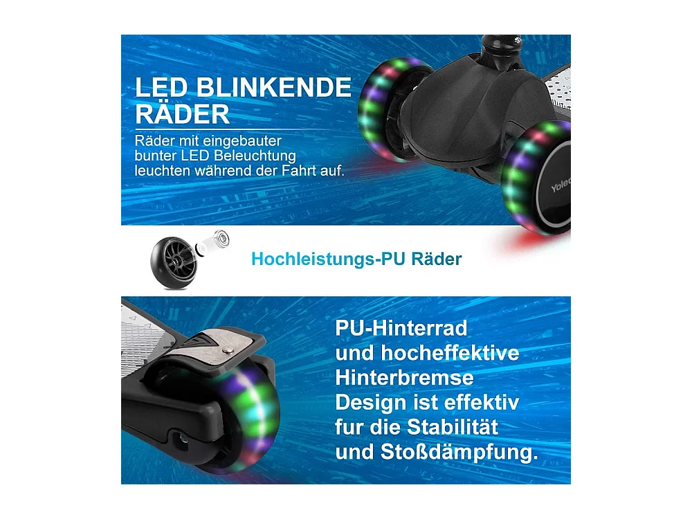 Trottinette Enfant YOLEO avec Roues LED, 4 Positions Réglables en Hauteur, Guidon Pliable, à partir de 3 Ans