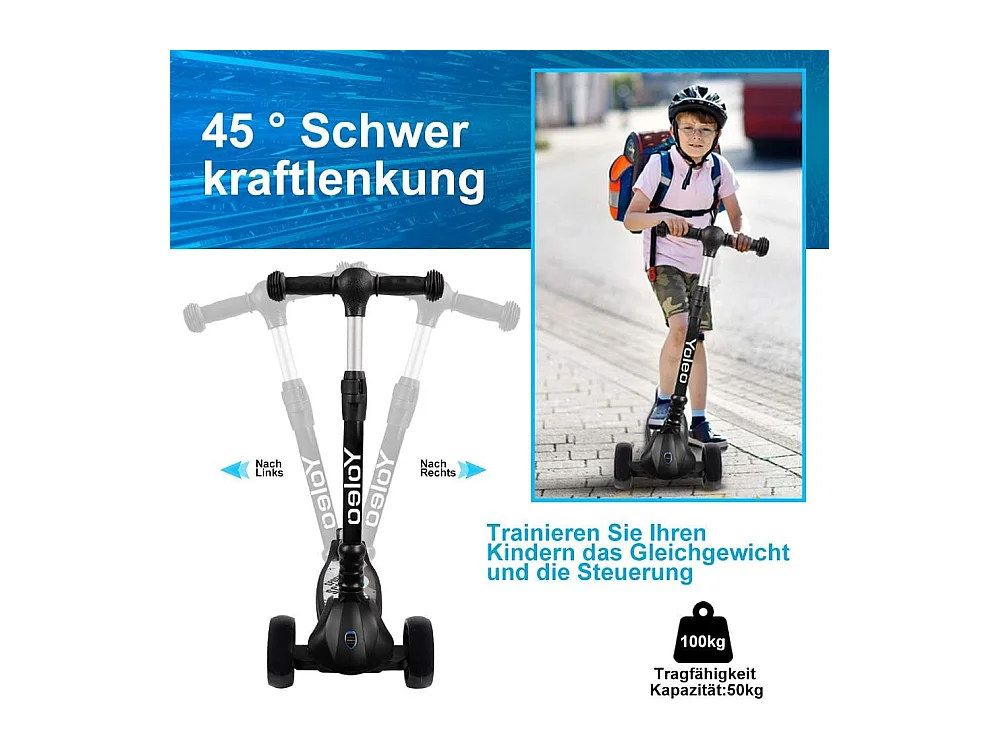 Trottinette Enfant YOLEO avec Roues LED, 4 Positions Réglables en Hauteur, Guidon Pliable, à partir de 3 Ans