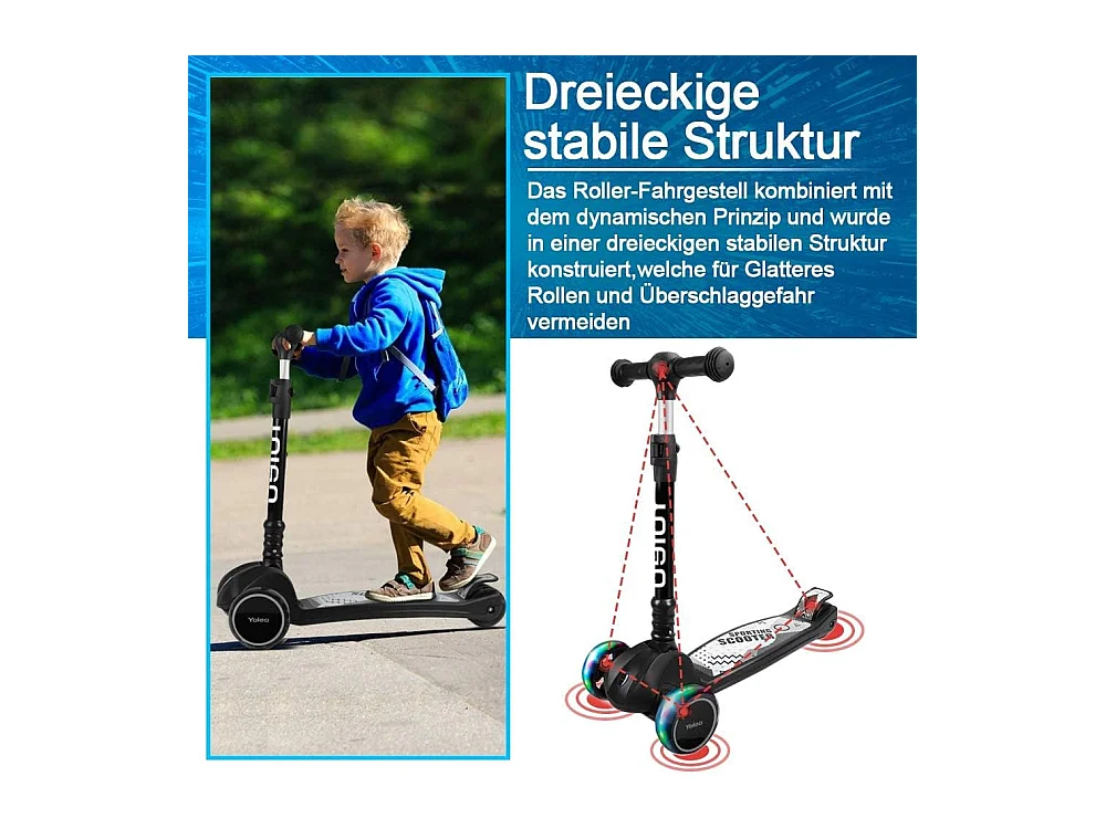 Trottinette Enfant YOLEO avec Roues LED, 4 Positions Réglables en Hauteur, Guidon Pliable, à partir de 3 Ans