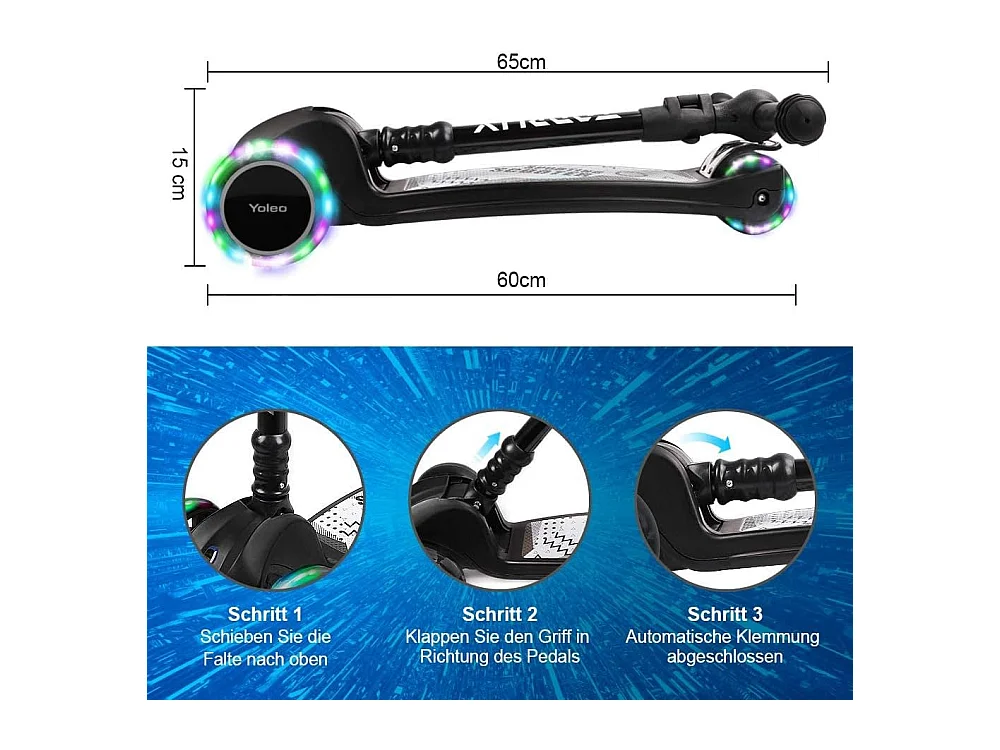 Trottinette Enfant YOLEO avec Roues LED, 4 Positions Réglables en Hauteur, Guidon Pliable, à partir de 3 Ans
