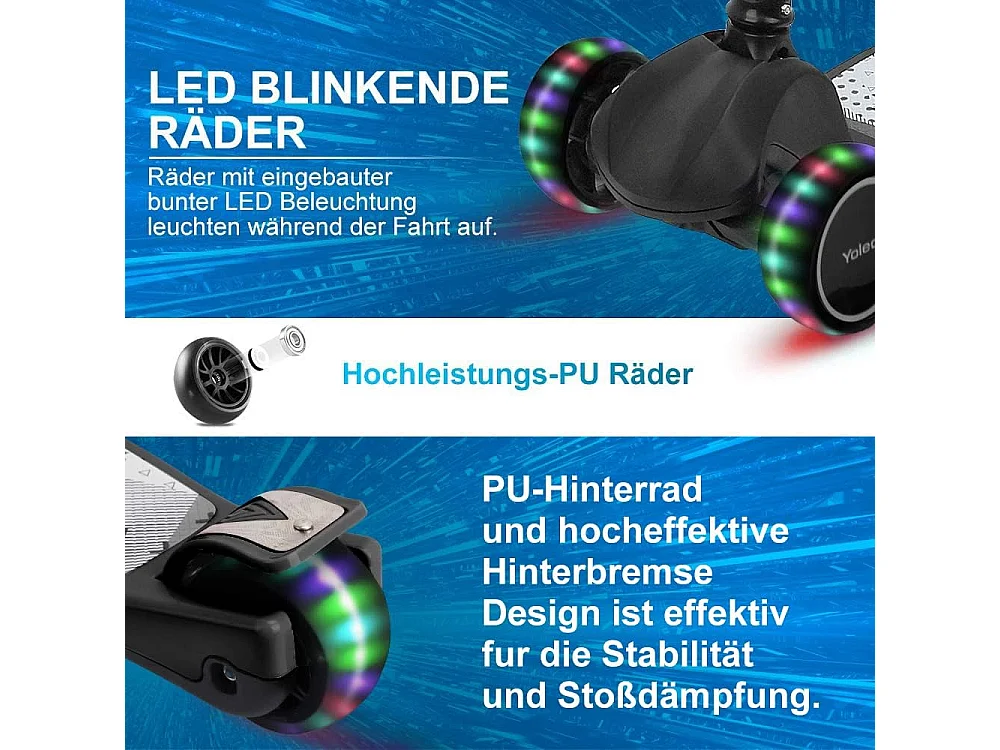 YOLEO Kinderstep met LED-wielen, 4 Hoogteverstellingen, Opvouwbaar Stuur, vanaf 3 Jaar