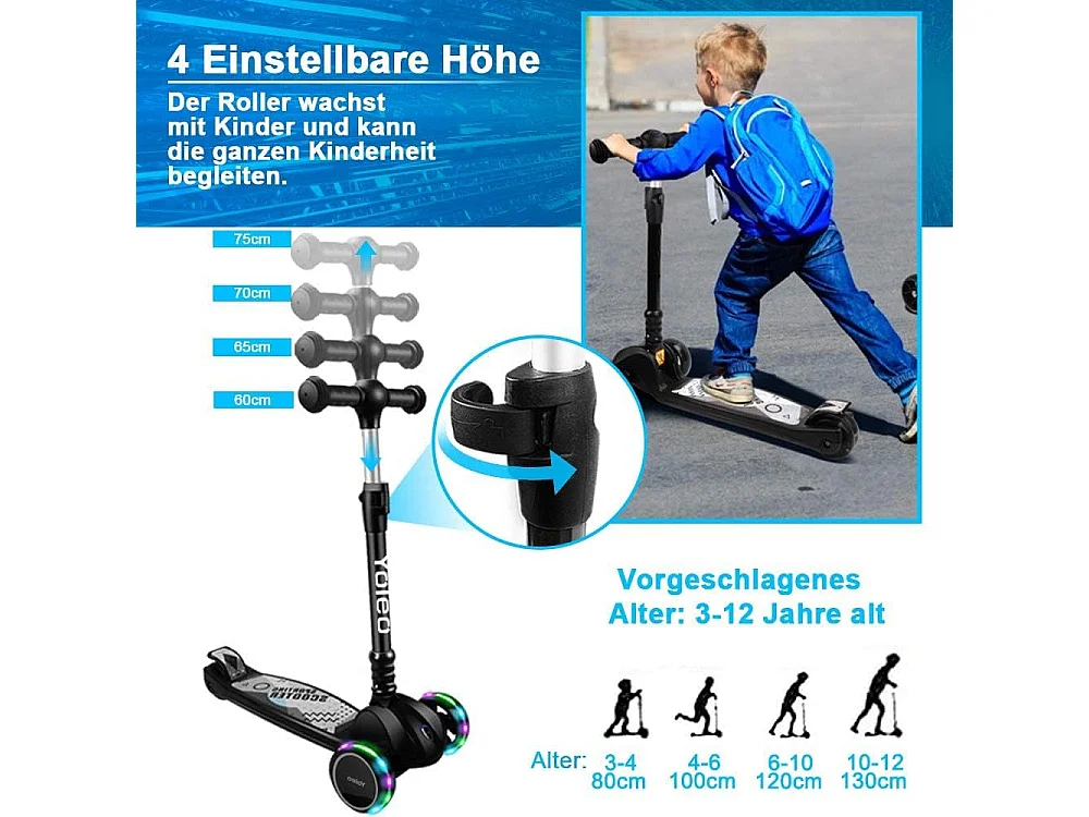 YOLEO Kinderstep met LED-wielen, 4 Hoogteverstellingen, Opvouwbaar Stuur, vanaf 3 Jaar