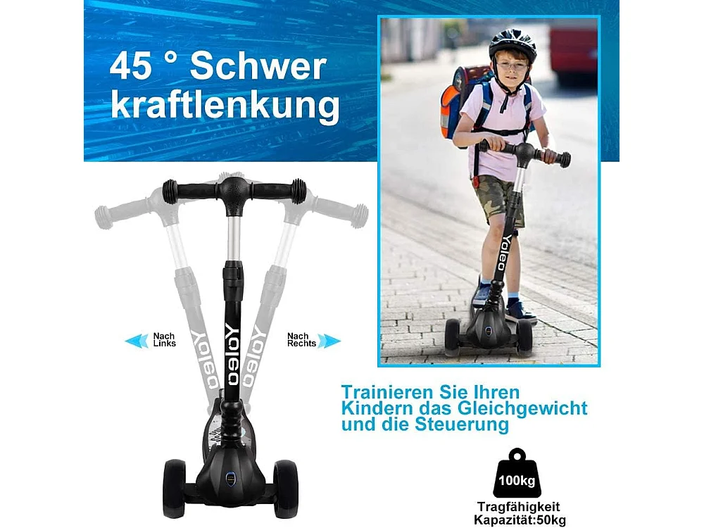 YOLEO Kinderstep met LED-wielen, 4 Hoogteverstellingen, Opvouwbaar Stuur, vanaf 3 Jaar