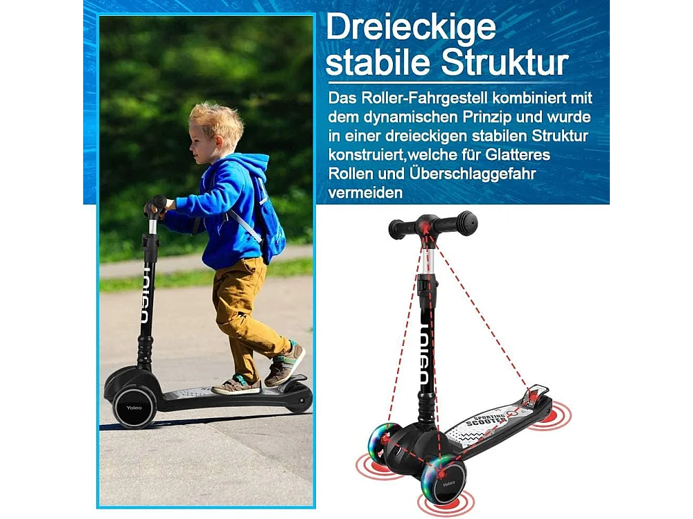 YOLEO Kinderstep met LED-wielen, 4 Hoogteverstellingen, Opvouwbaar Stuur, vanaf 3 Jaar