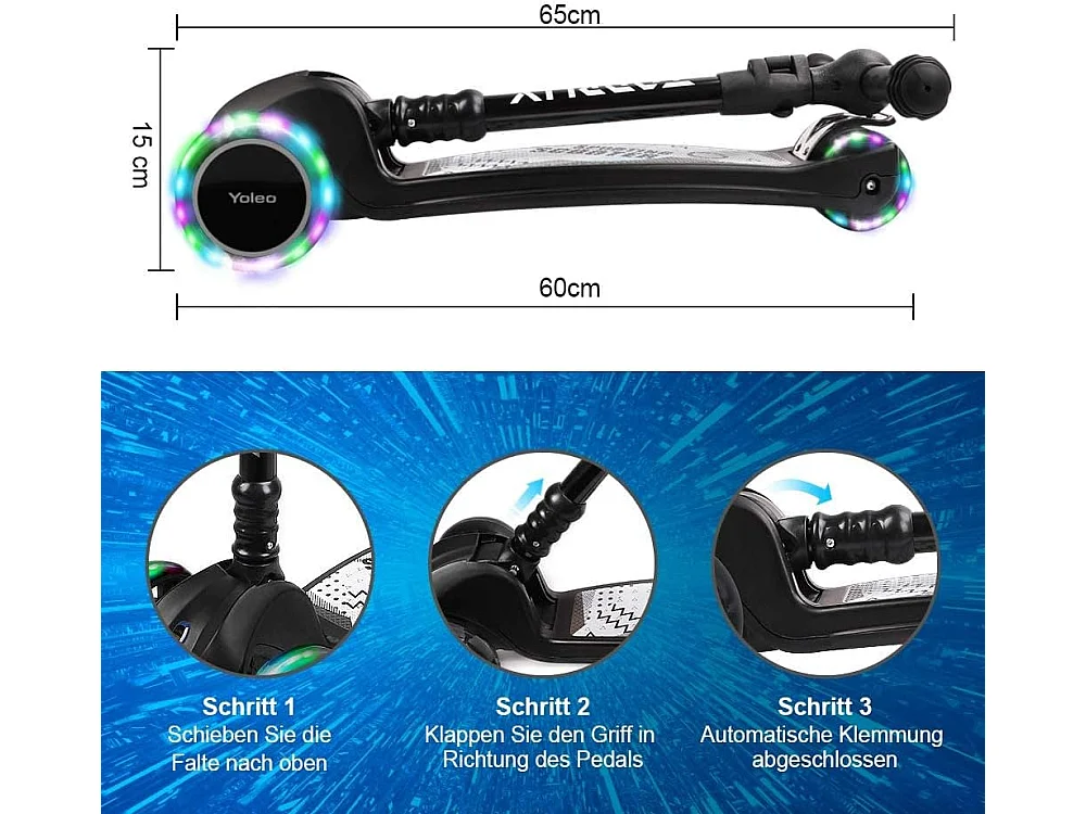 YOLEO Kinderstep met LED-wielen, 4 Hoogteverstellingen, Opvouwbaar Stuur, vanaf 3 Jaar