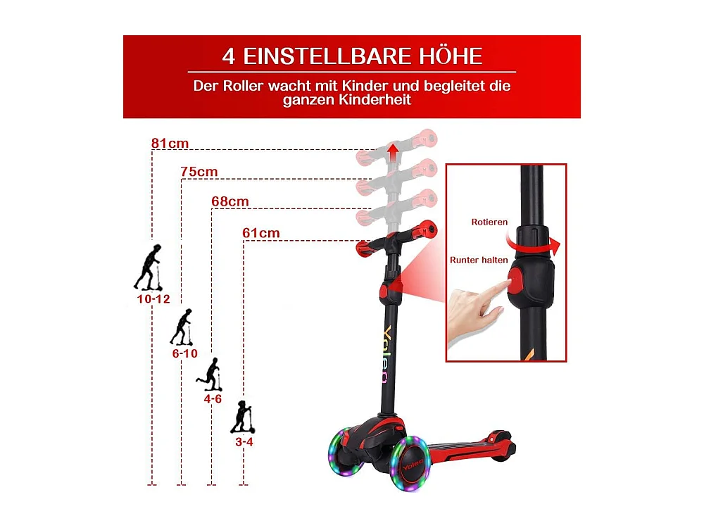 Trottinette Enfant YOLEO avec 4 Hauteurs Réglables, Roues Lumineuses LED, pour 3-12 Ans