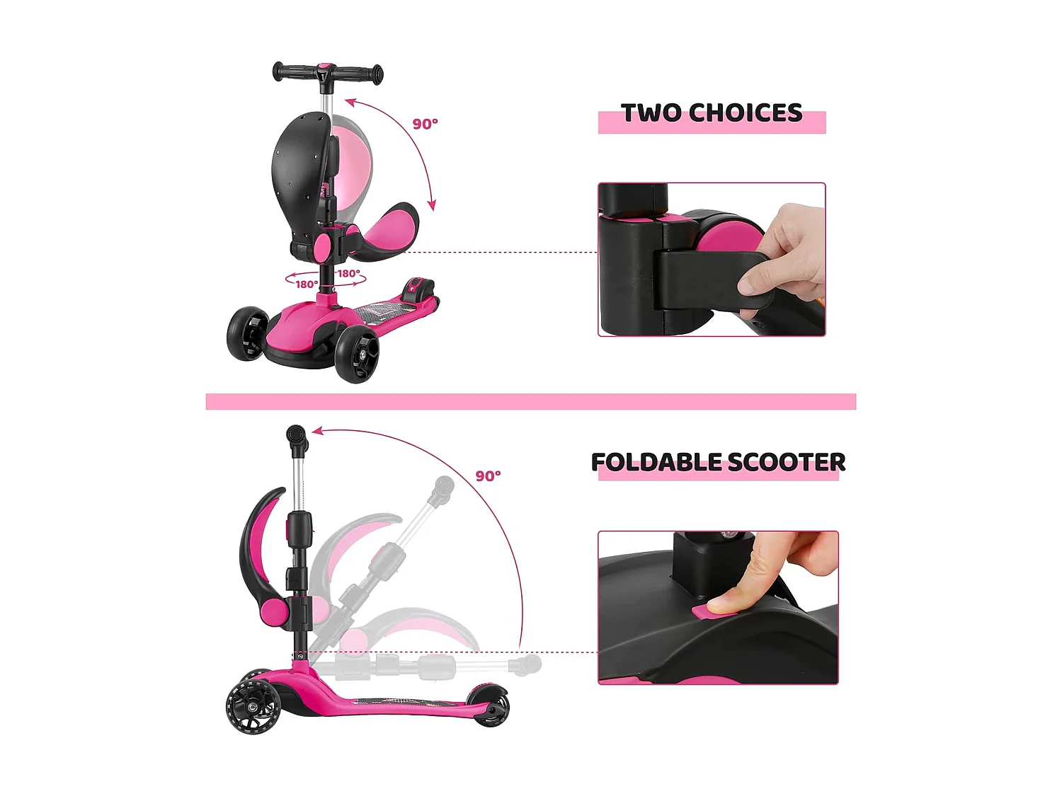 Trottinette Enfant BremToy avec Siège Amovible et Roues PU LED, Trottinette Enfant Pliable pour Enfants de 2 à 12 Ans