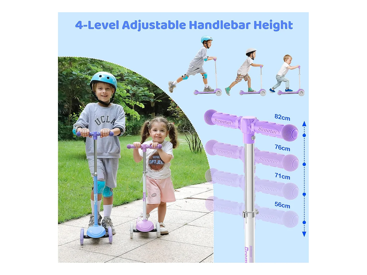 Trottinette Enfant BremToy avec Plateforme Lumineuse et Roues PU LED, 4 Niveaux de Réglage en Hauteur, Légère, pour Débutants de 3 à 8 Ans