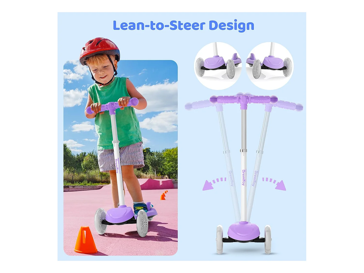 Trottinette Enfant BremToy avec Plateforme Lumineuse et Roues PU LED, 4 Niveaux de Réglage en Hauteur, Légère, pour Débutants de 3 à 8 Ans