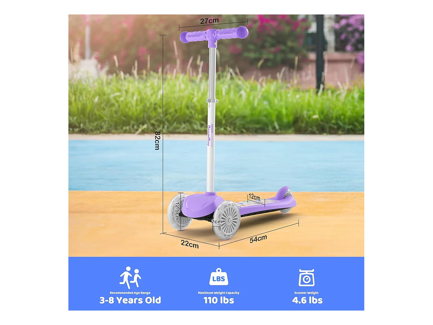 Trottinette Enfant BremToy avec Plateforme Lumineuse et Roues PU LED, 4 Niveaux de Réglage en Hauteur, Légère, pour Débutants de 3 à 8 Ans