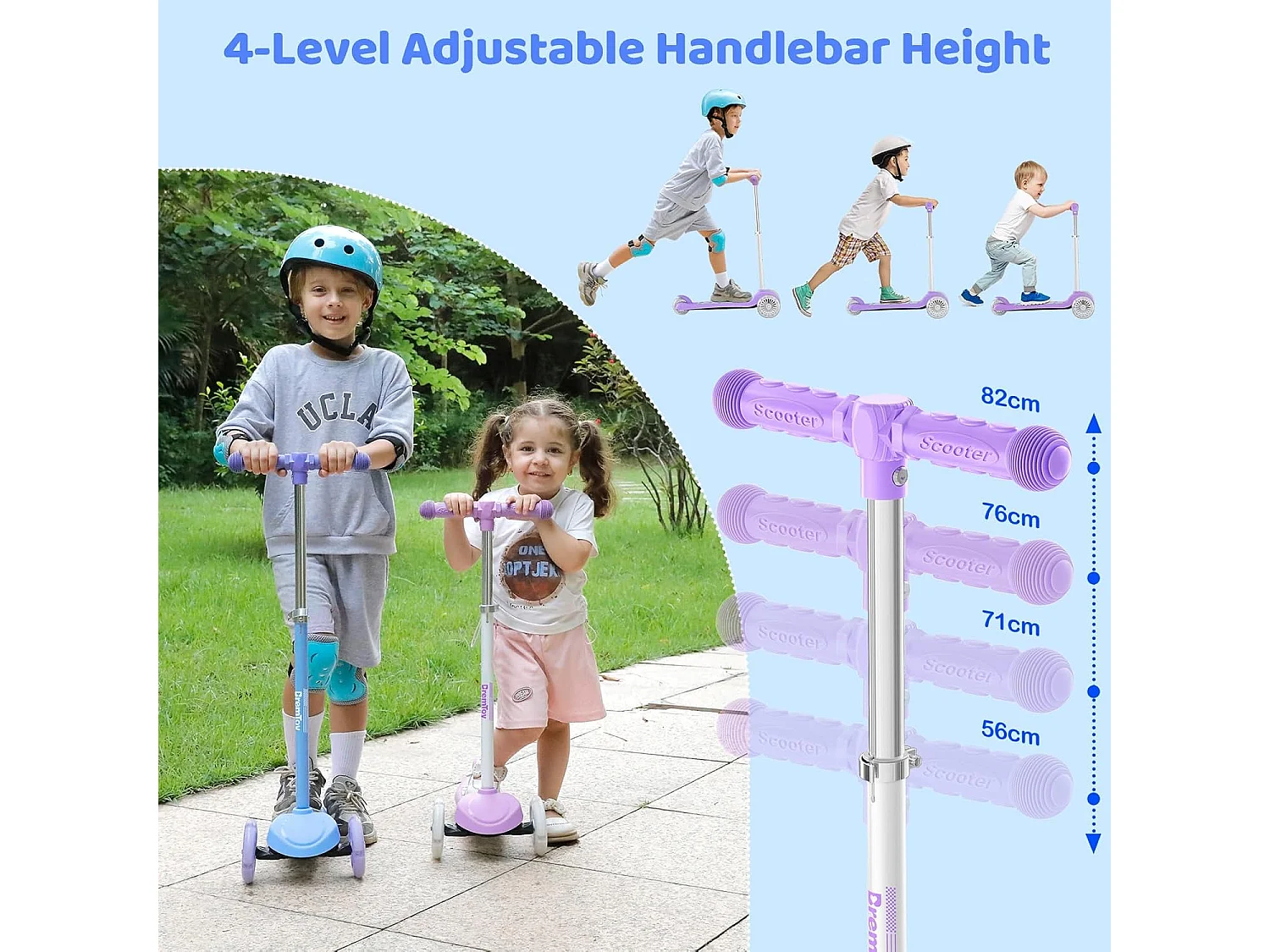 BremToy Kinderstep met Lichtgevend Deck en PU LED-wielen, 4 Traps Hoogteverstelling, Lichtgewicht, voor Beginners van 3-8 Jaar