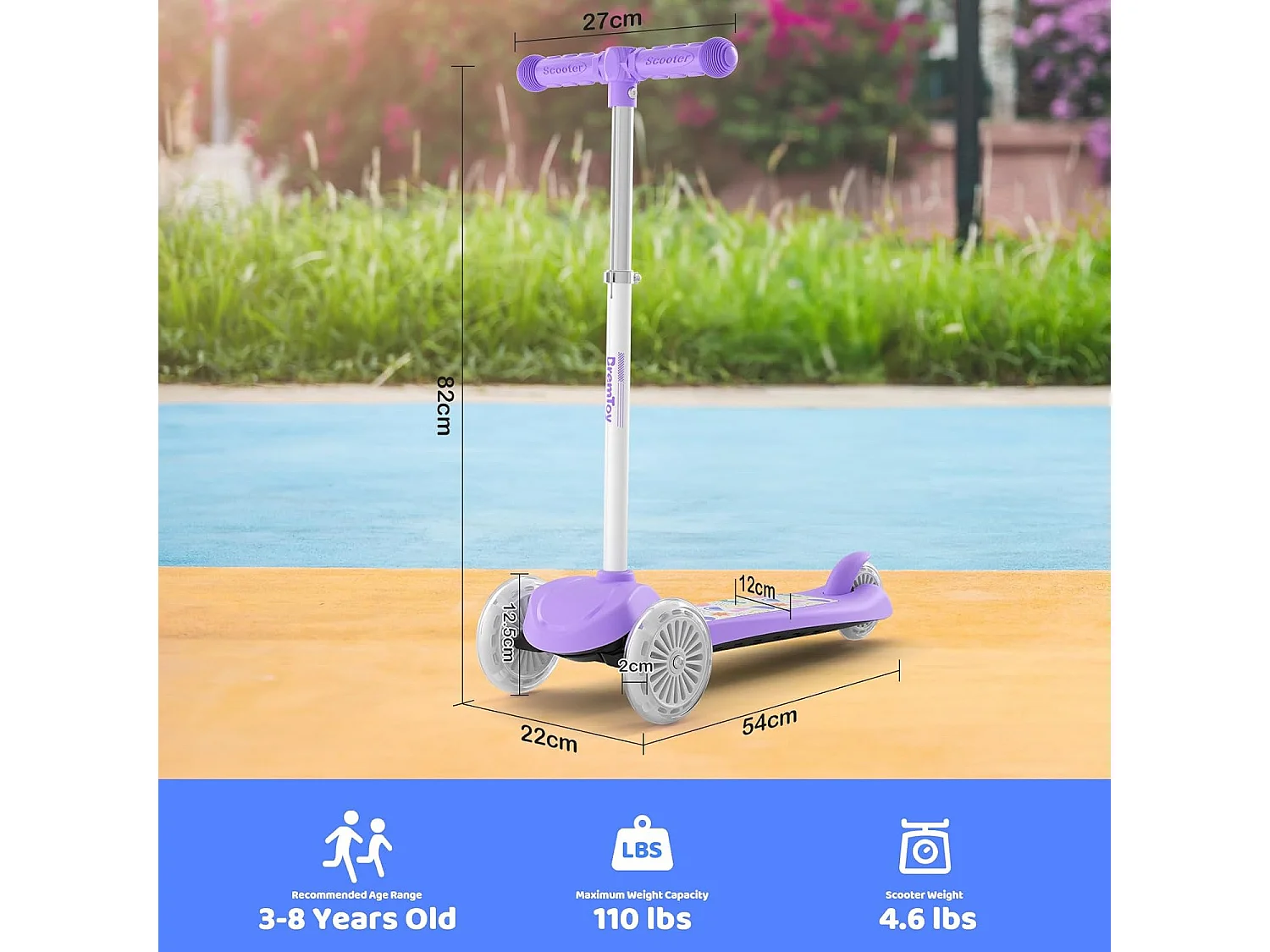 BremToy Kinderstep met Lichtgevend Deck en PU LED-wielen, 4 Traps Hoogteverstelling, Lichtgewicht, voor Beginners van 3-8 Jaar