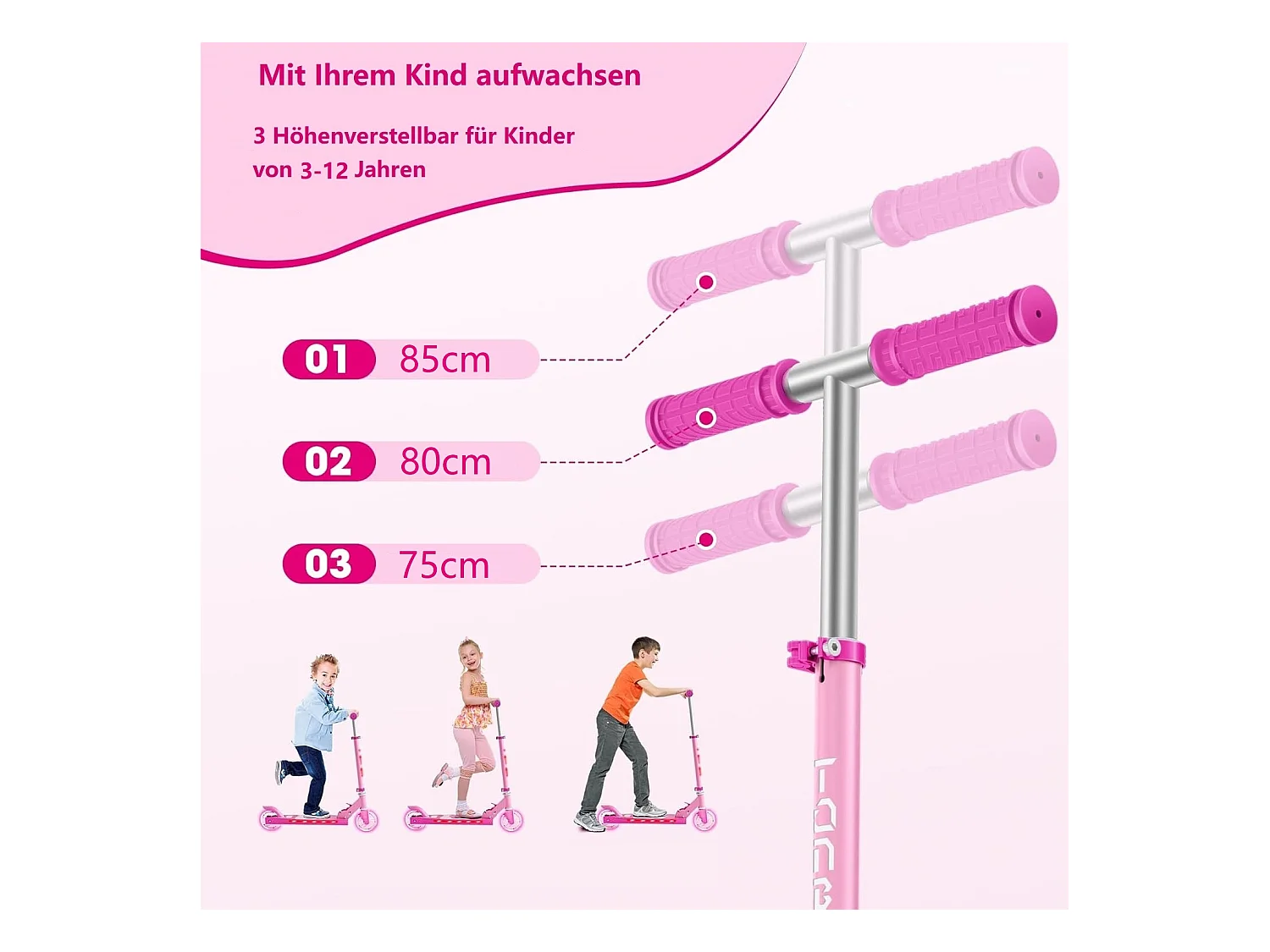 Trottinette Enfant TONBUX avec 2 Roues Lumineuses, Potence et Plateforme, 3 Poignées Réglables en Hauteur, Légère, pour 5-12 Ans