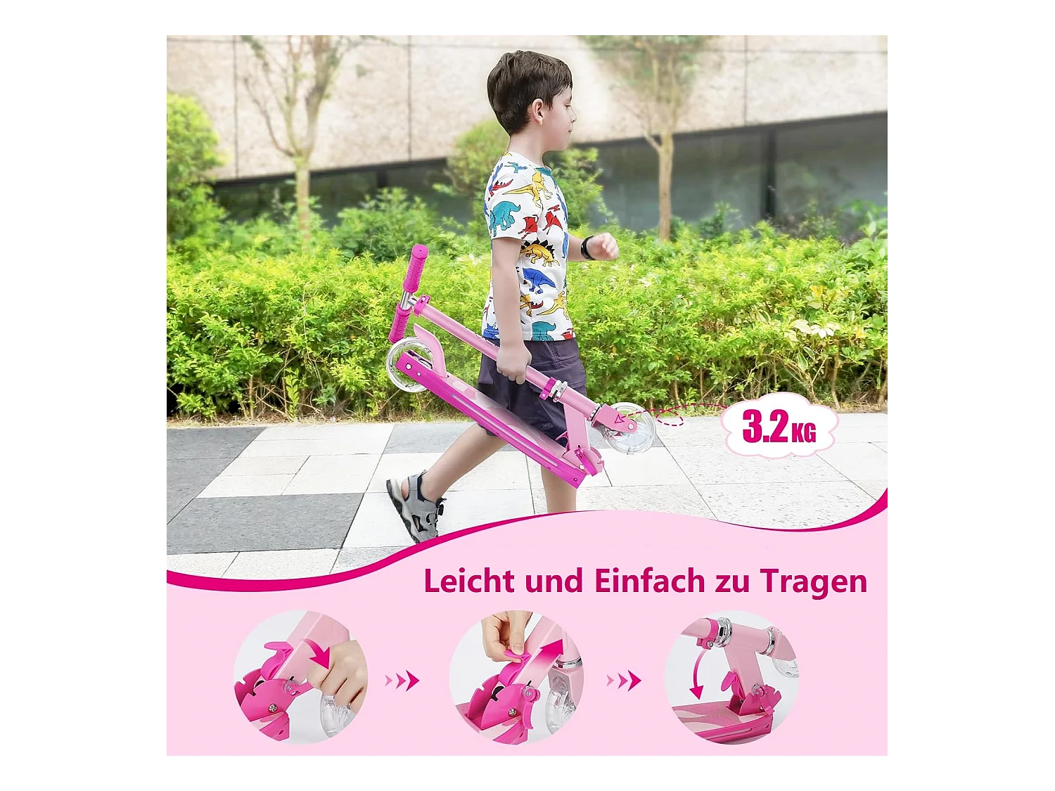 Trottinette Enfant TONBUX avec 2 Roues Lumineuses, Potence et Plateforme, 3 Poignées Réglables en Hauteur, Légère, pour 5-12 Ans