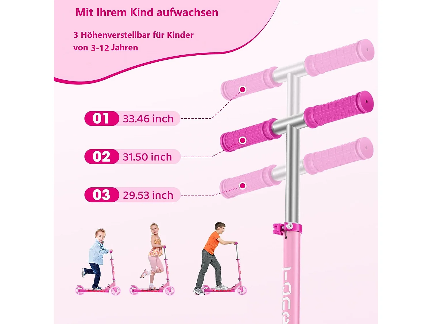 Trottinette Enfant TONBUX avec 2 Roues Lumineuses, Potence et Plateforme, 3 Poignées Réglables en Hauteur, Légère, pour 5-12 Ans