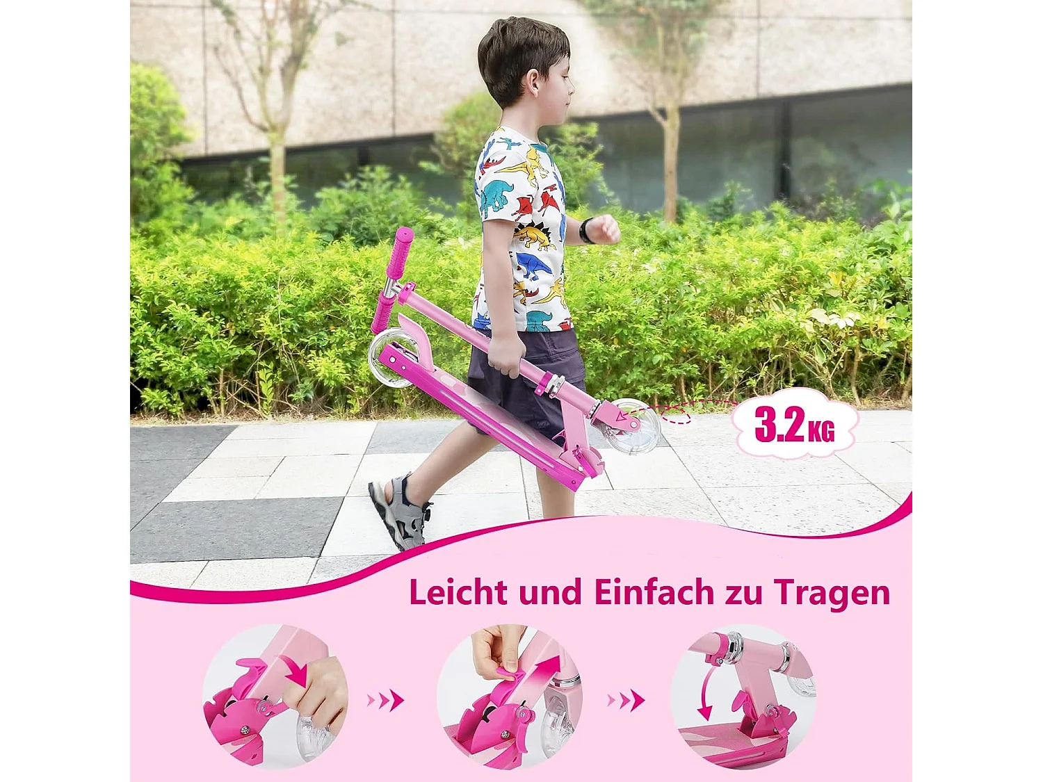 Trottinette Enfant TONBUX avec 2 Roues Lumineuses, Potence et Plateforme, 3 Poignées Réglables en Hauteur, Légère, pour 5-12 Ans