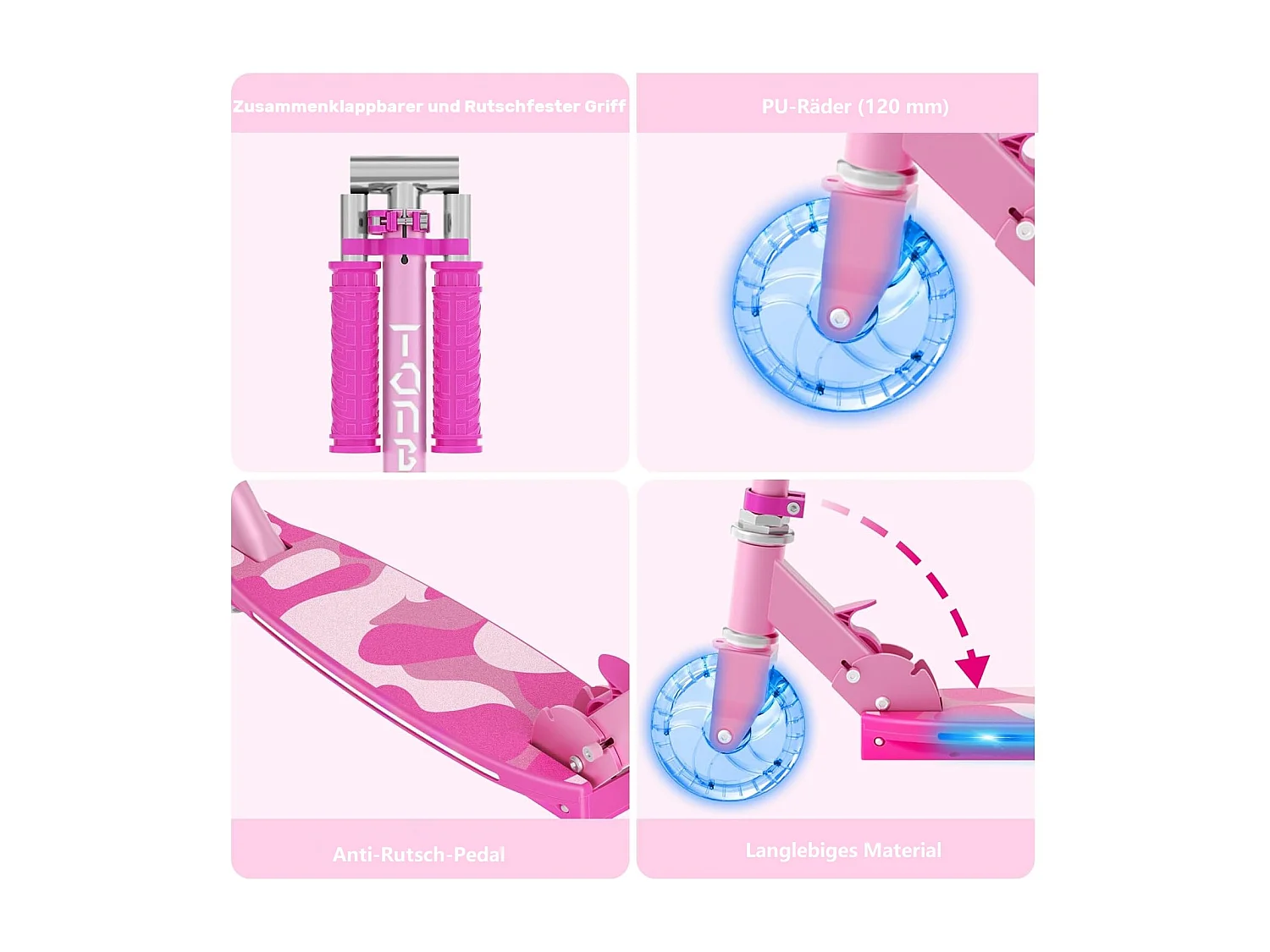 Trottinette Enfant TONBUX avec 2 Roues Lumineuses, Potence et Plateforme, 3 Poignées Réglables en Hauteur, Légère, pour 5-12 Ans